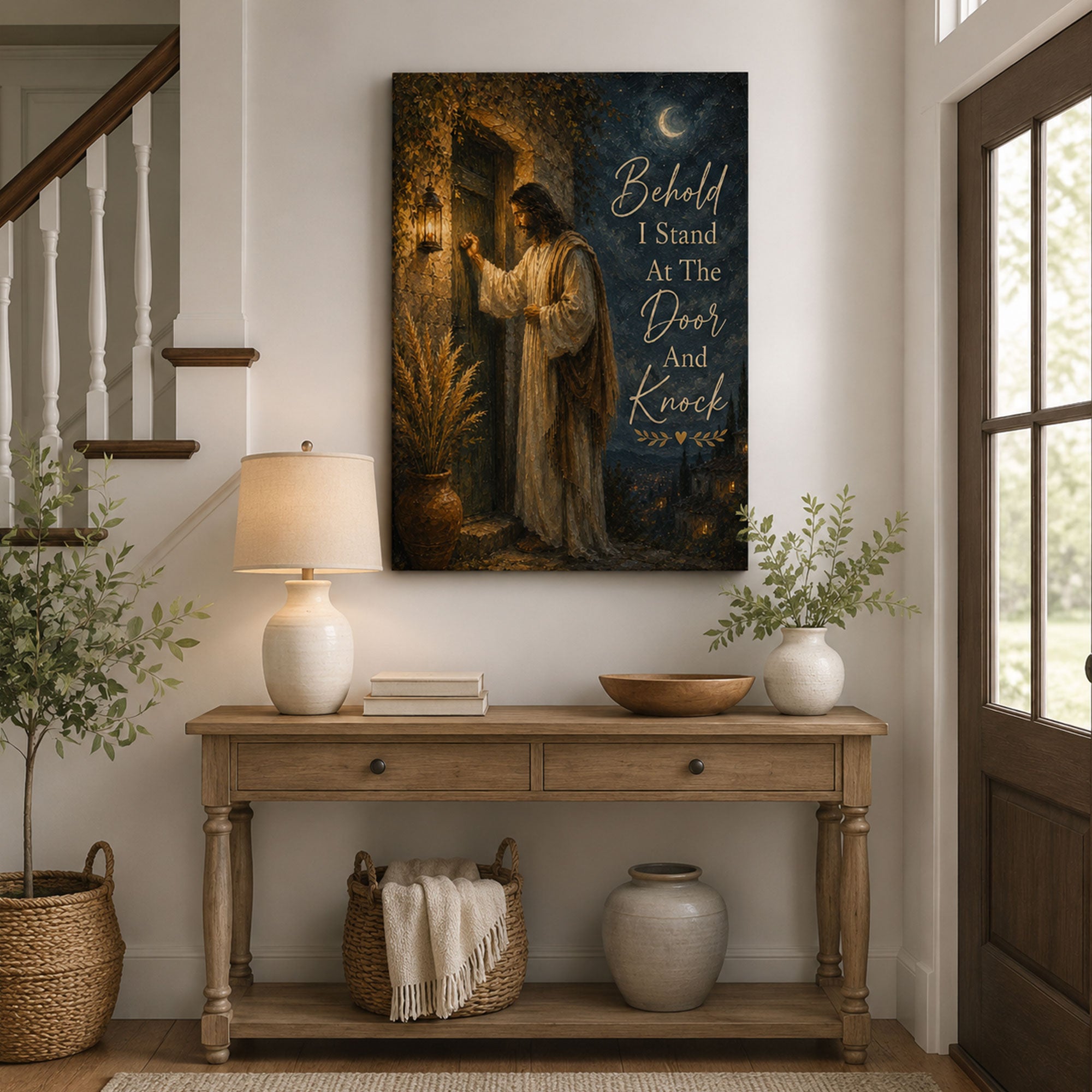 Revelation 3:20 I Stand at the Door and Knock Canvas Print, Christian Home Decor
