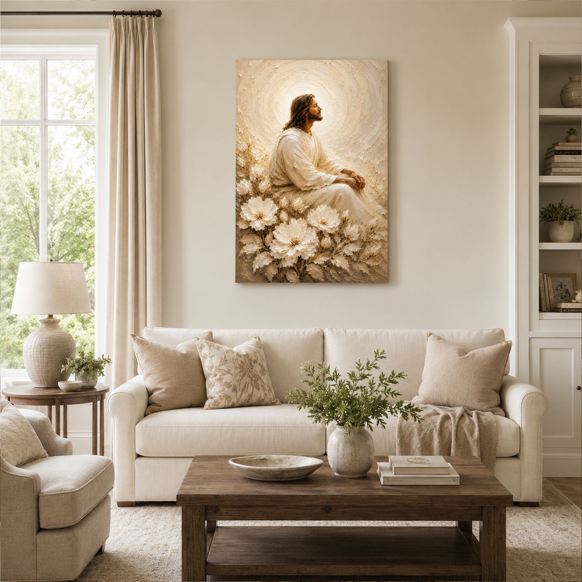 Peaceful Jesus in White Flowers Canvas Print, Soft Christian Wall Art, Neutral Faith Home Decor Gift