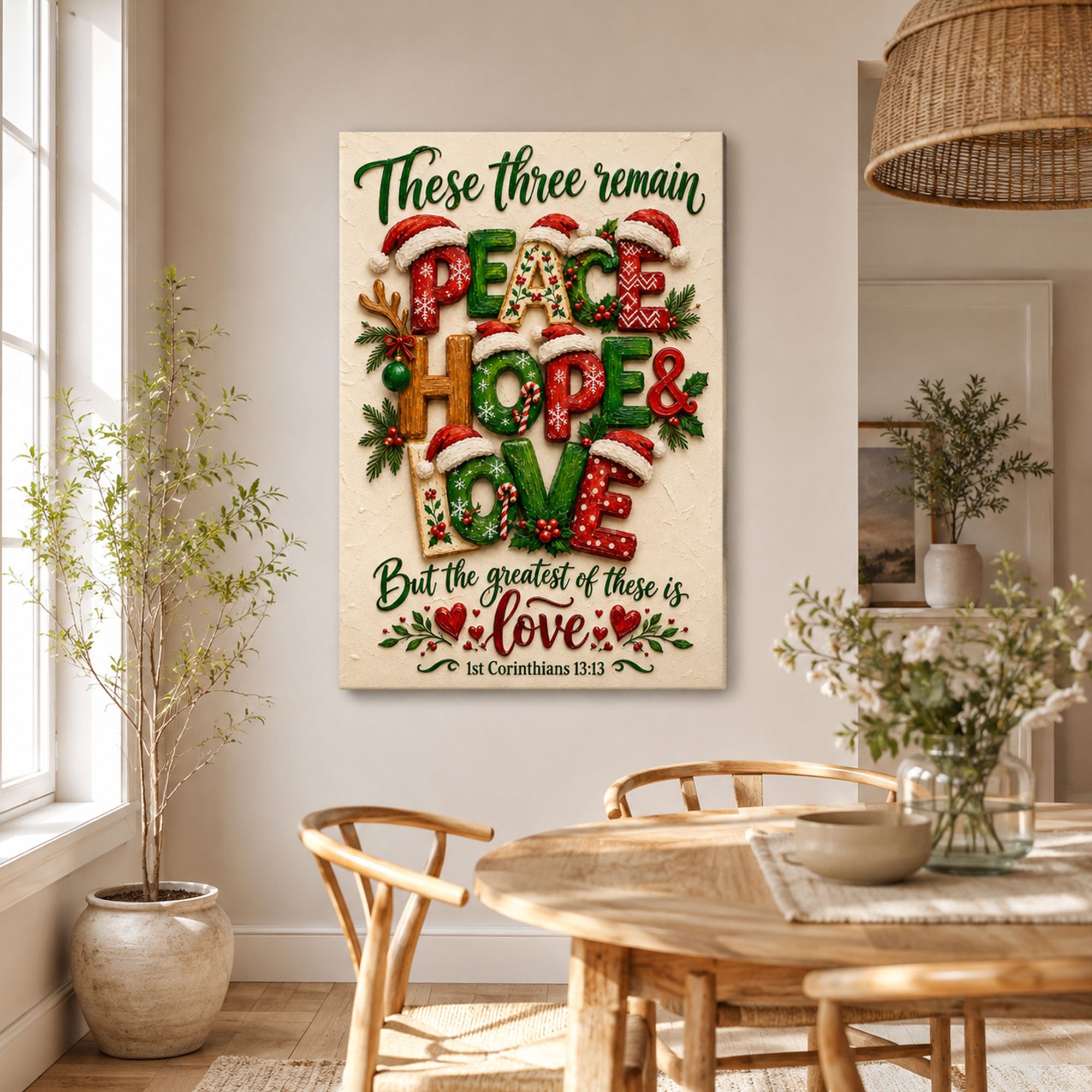 Peace Hope Love Christmas Canvas Print, 1 Corinthians 13:13 Christian Wall Decor, Faith Gift