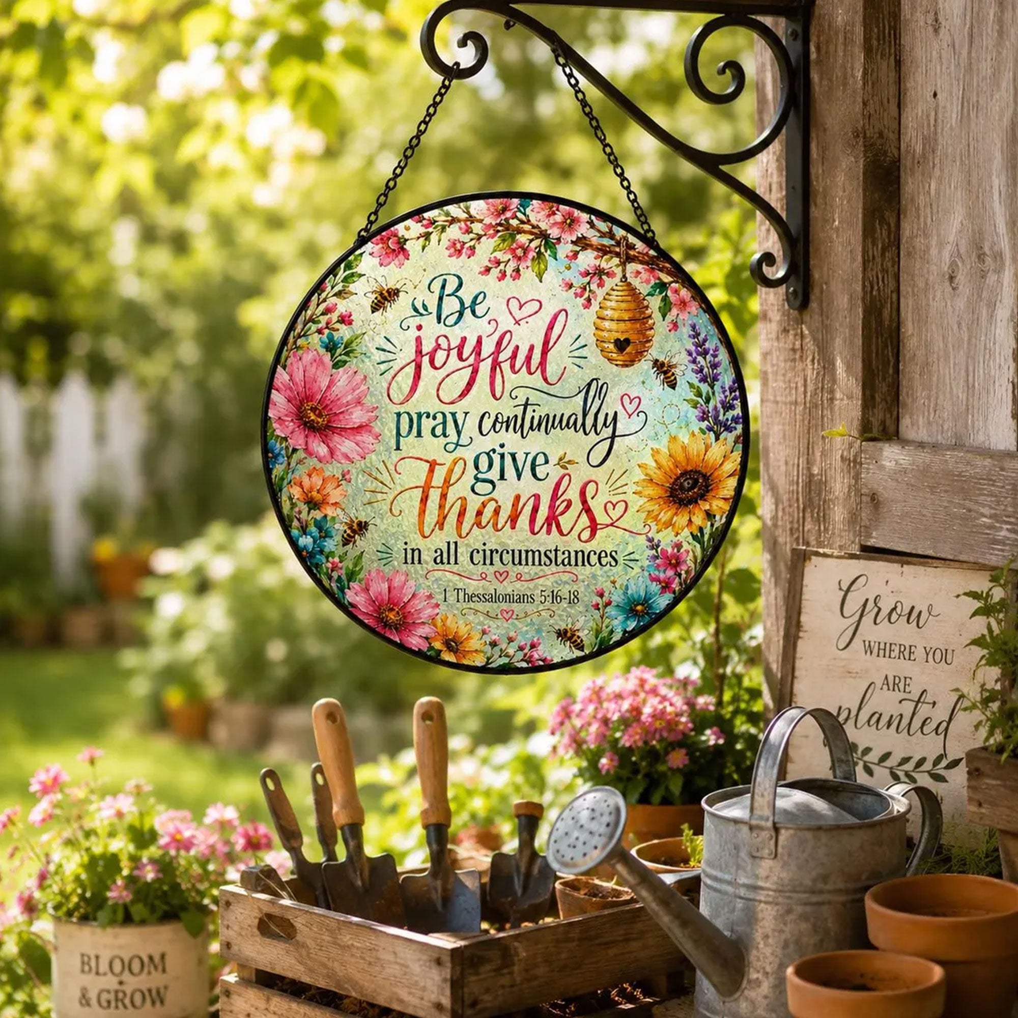 Be Joyful, Pray Continually, Give Thanks Suncatcher, 1 Thessalonians 5:16–18 Christian Window Decor