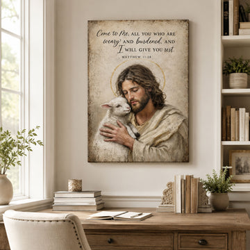 Matthew 11:28 Jesus and Lamb Canvas Print, Christian Home Decor