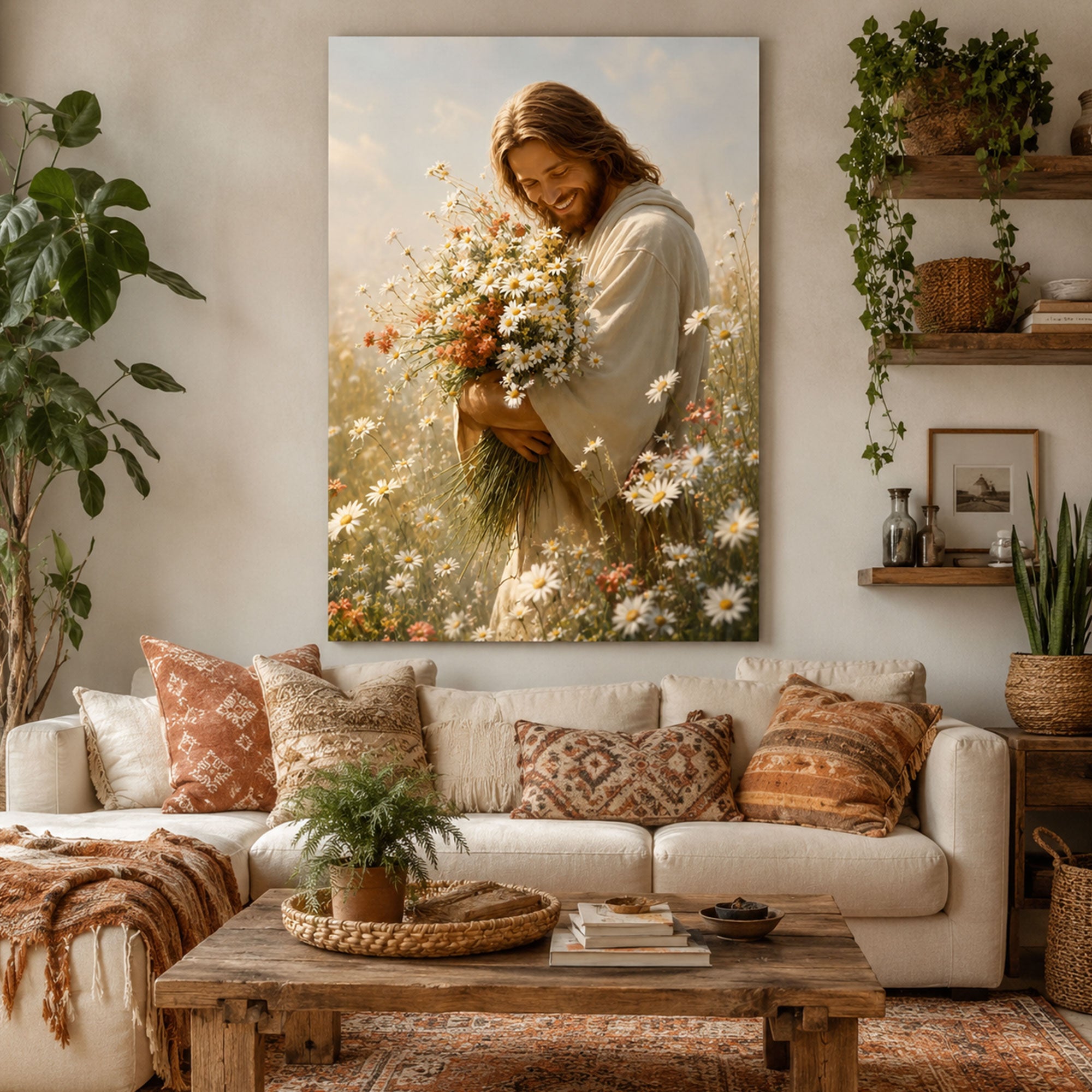Jesus with Wildflowers Wall Art Printable, Modern Christian Digital Download, Religious Faith Decor