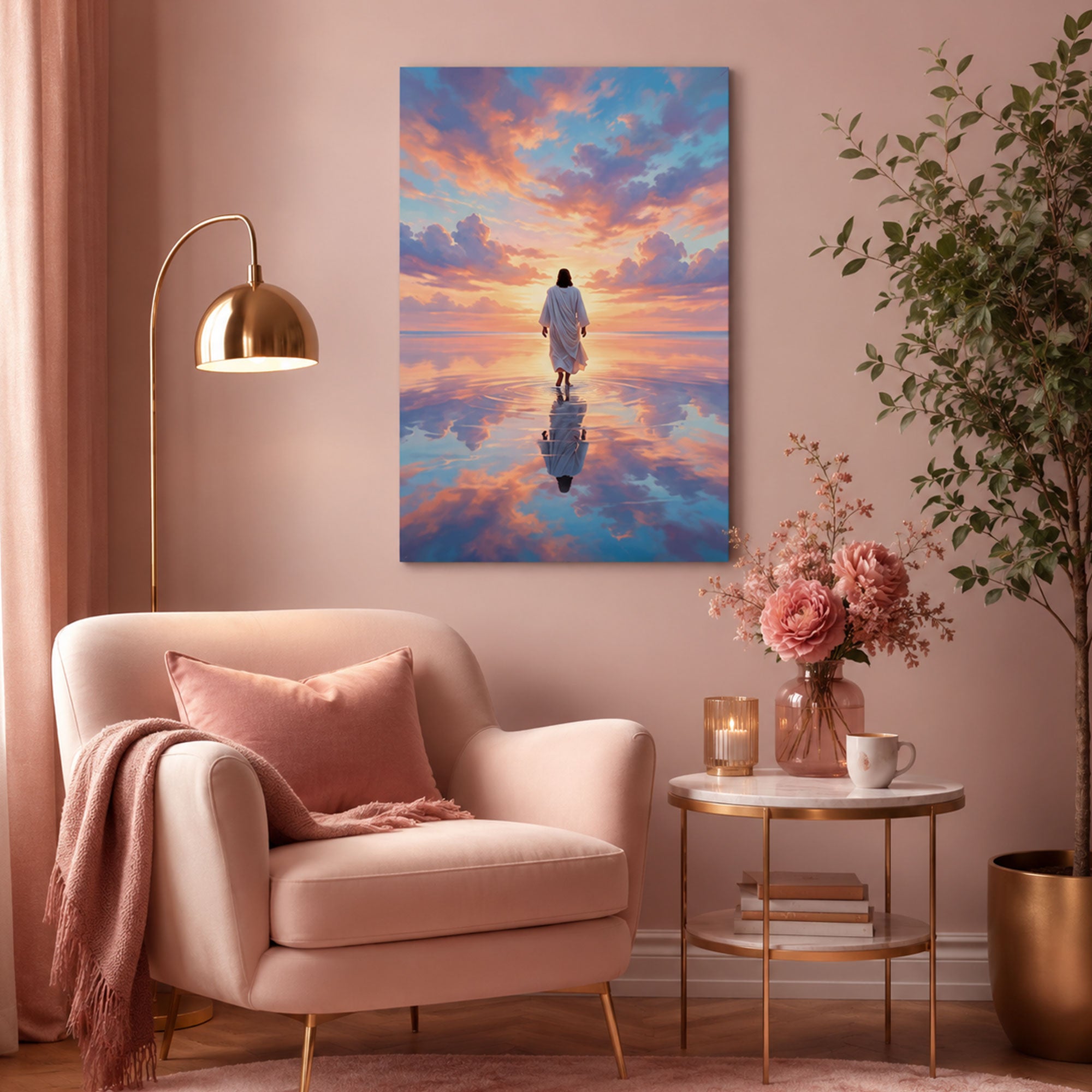 Jesus Light Over the Sea Canvas Print, Christian Ocean Miracle Wall Art, Heavenly Glow Faith Decor