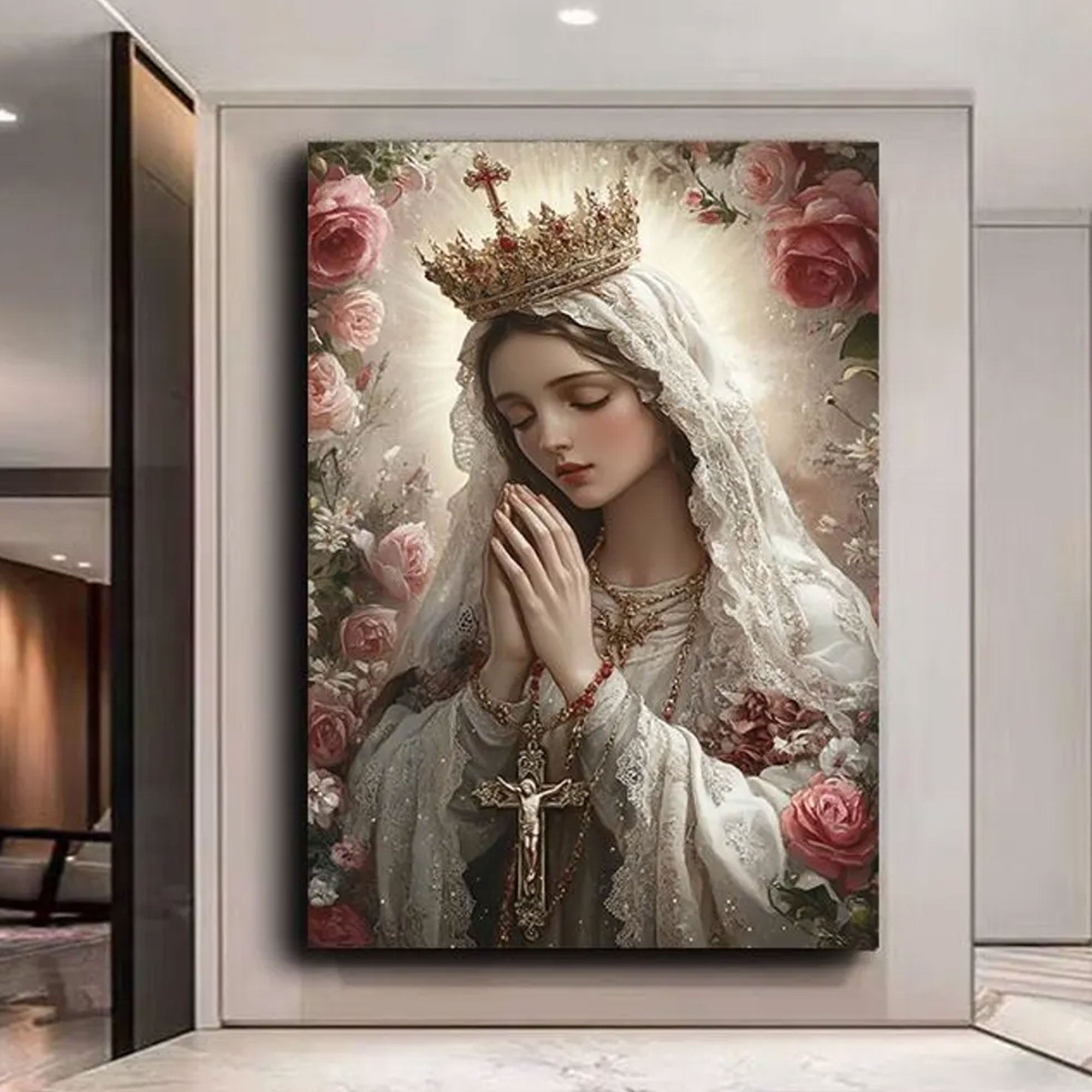 Holy Virgin Mary Canvas Wall Art, Elegant Madonna Floral Painting, Catholic Religious Home Decor