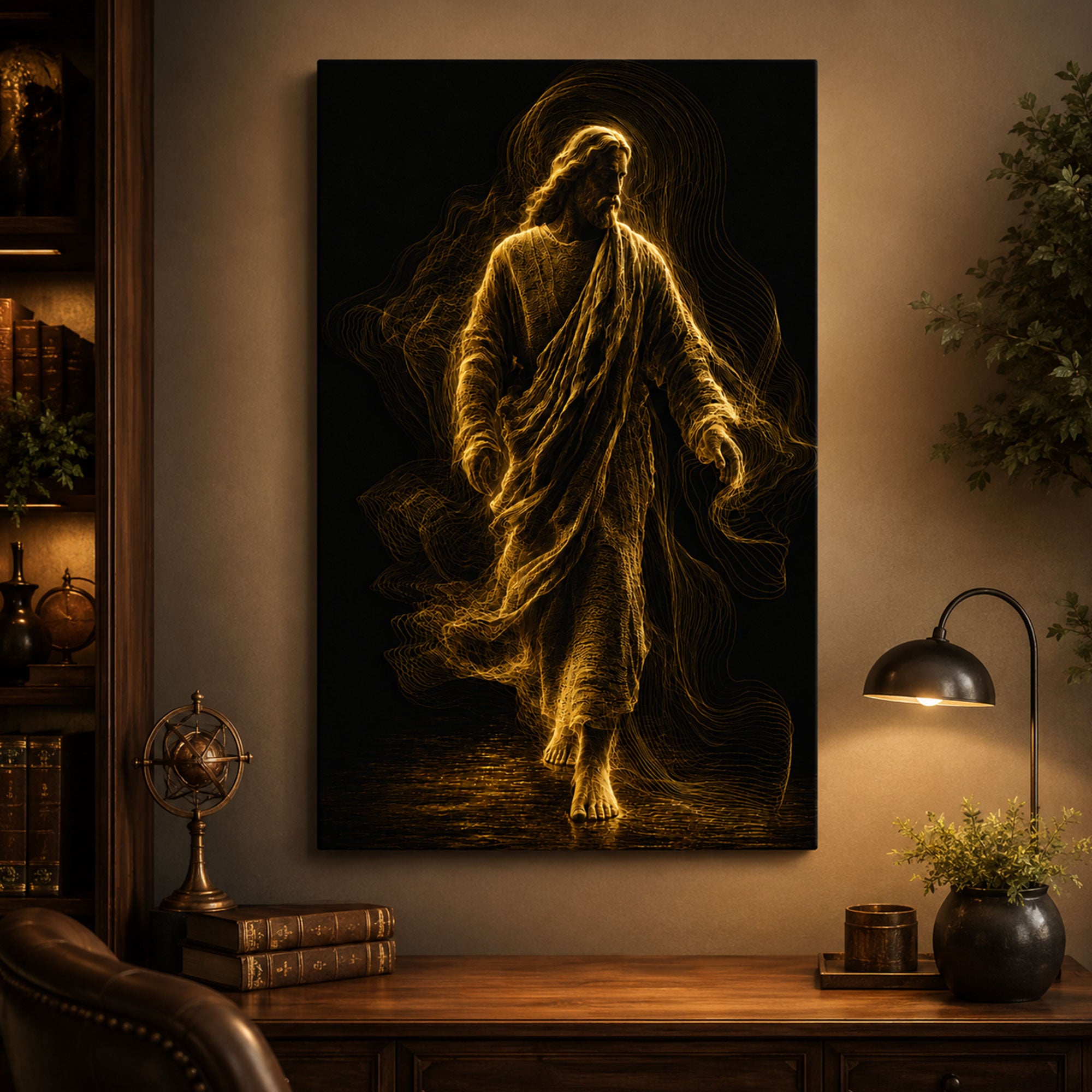 Jesus Walking in Golden Light Canvas Print, Modern Christian Wall Art, Faith Home Decor