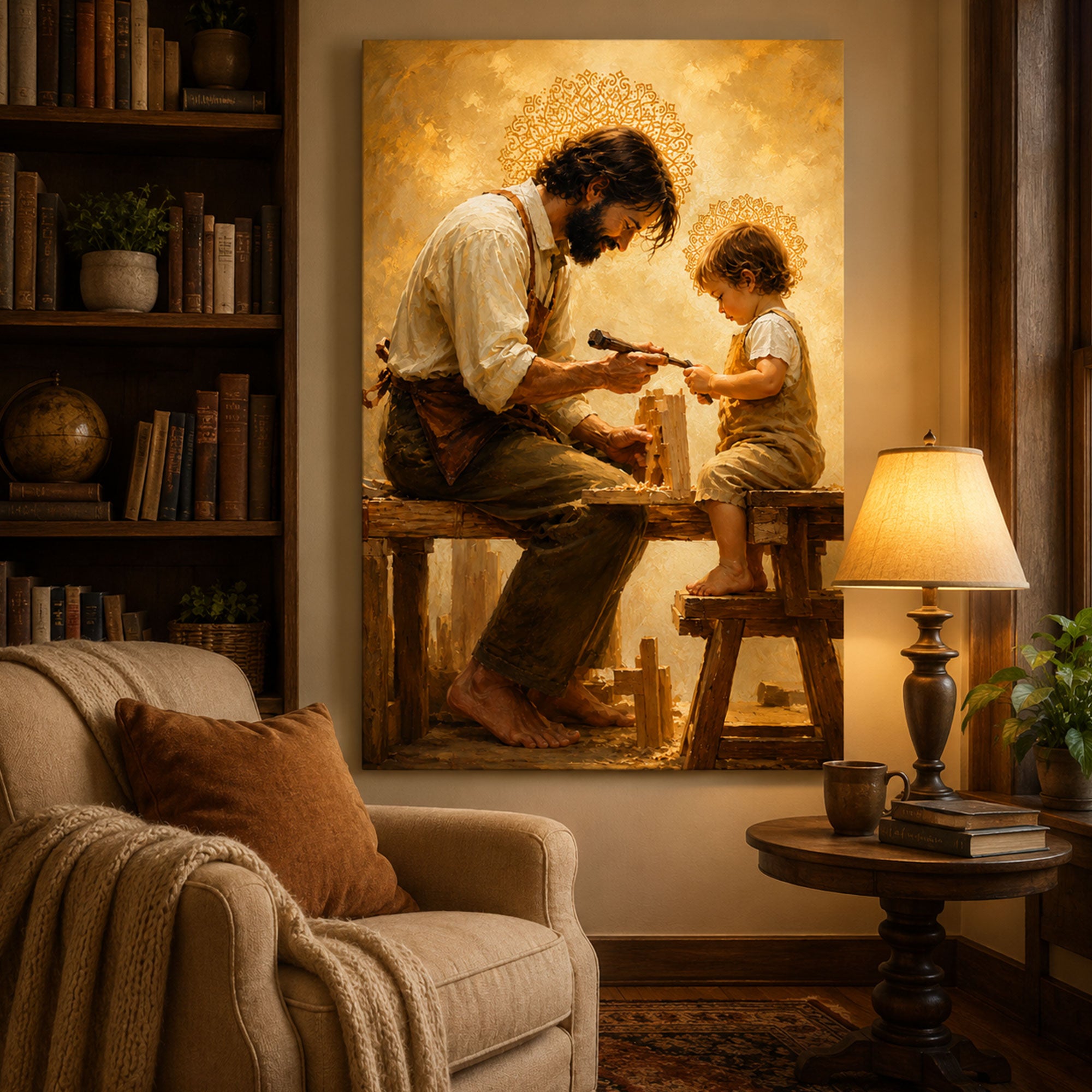Saint Joseph Teaching Child Jesus Canvas Print, Catholic Wall Art, Fatherly Love Home Decor