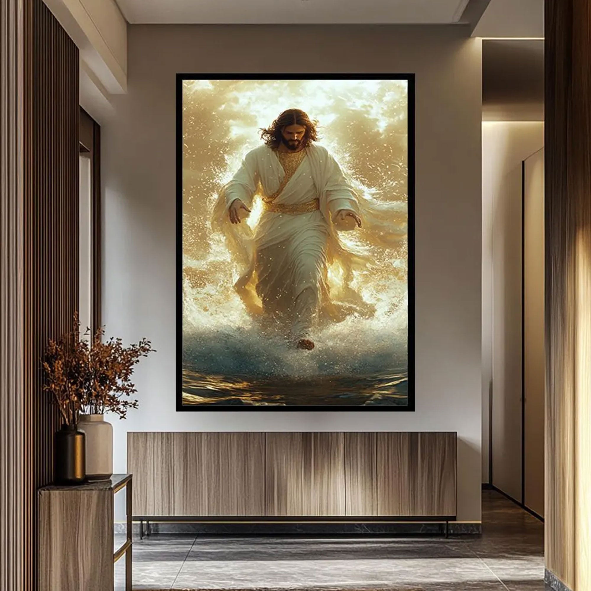 Jesus Walking on Water Canvas Print, Christian Wall Art, Divine Light Faith Decor, Inspirational Religious Gift for Home