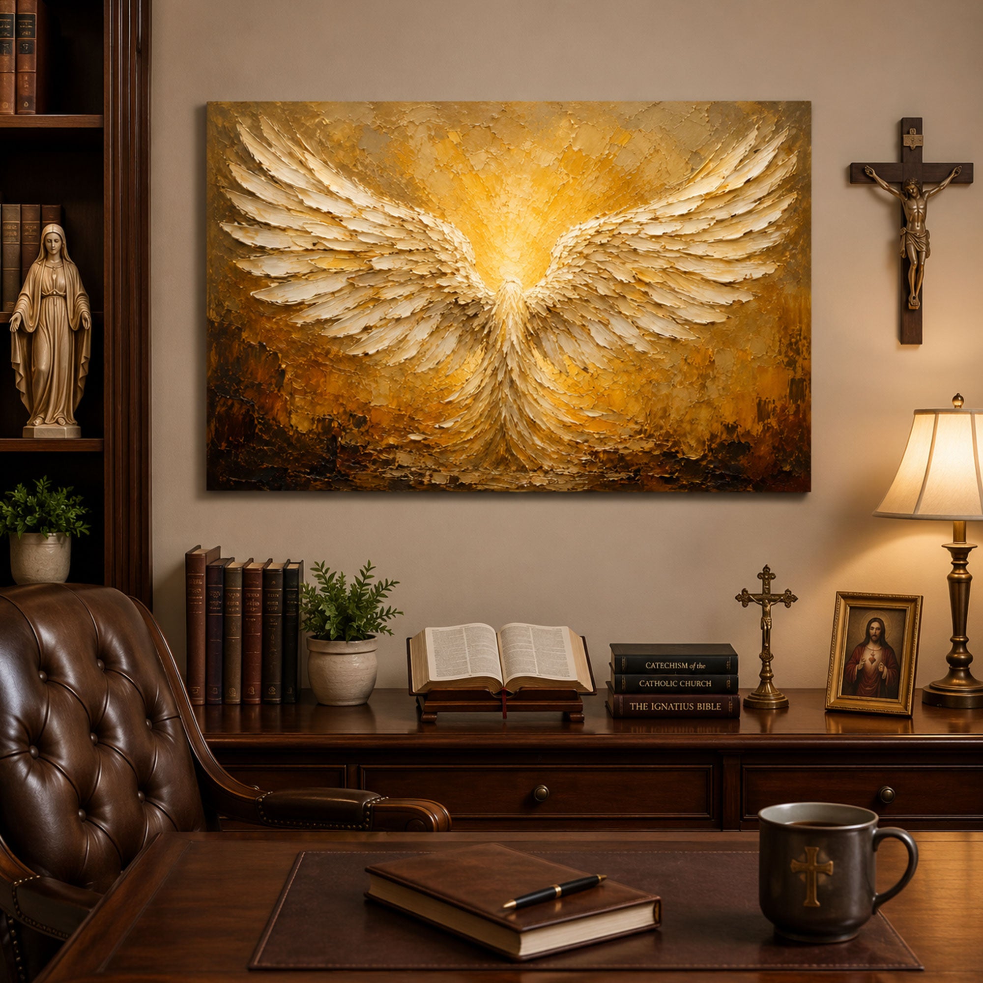 Golden Angel Wings Canvas Print, Catholic Christian Wall Art, Faith Home Decor