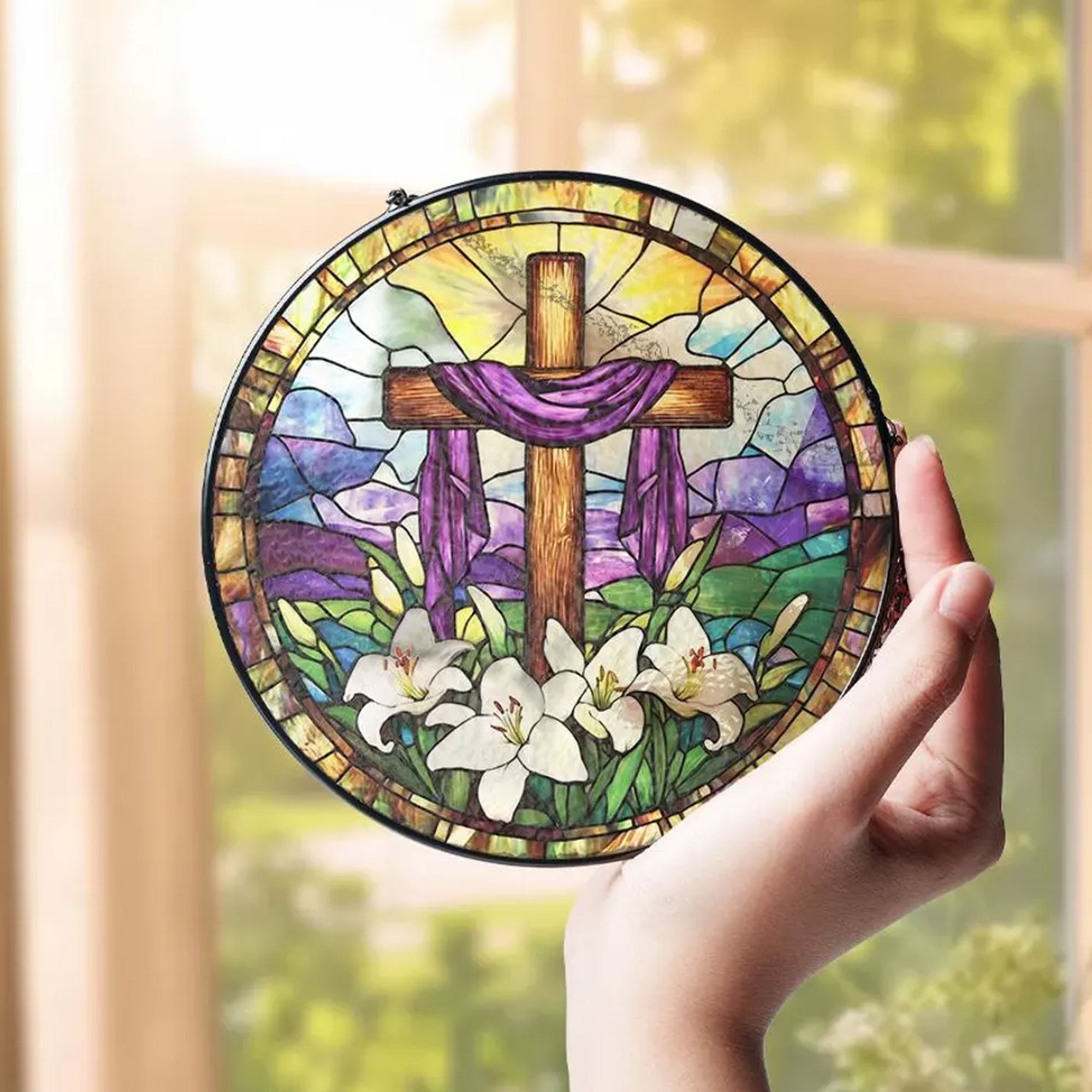 Christian Cross Stained Glass Suncatcher, Religious Window Hanging Decor, Faith Gift, Handmade Home Ornament