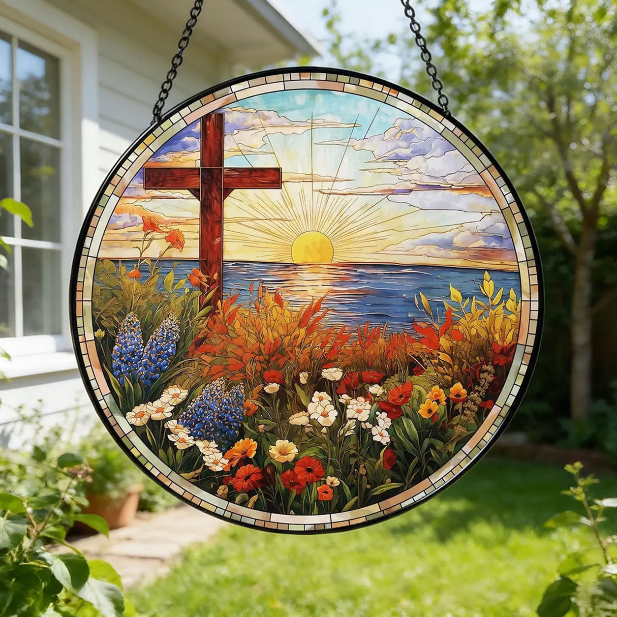 Sunrise Cross Suncatcher, Coastal Christian Window Decor, Religious Faith Gift for Home