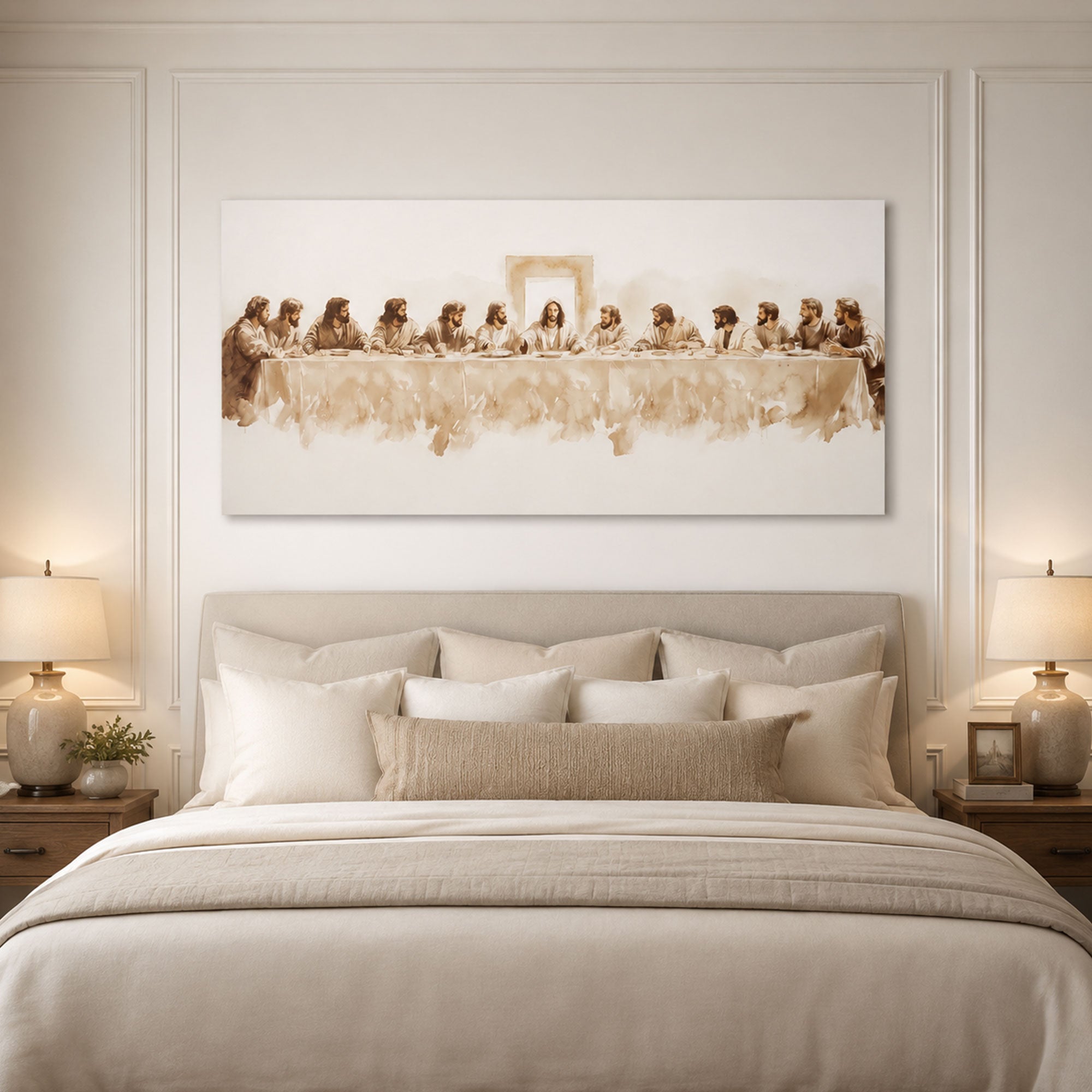 Minimalist Last Supper Canvas Print Jesus and Apostles Christian Wall Art Neutral Faith Home Decor