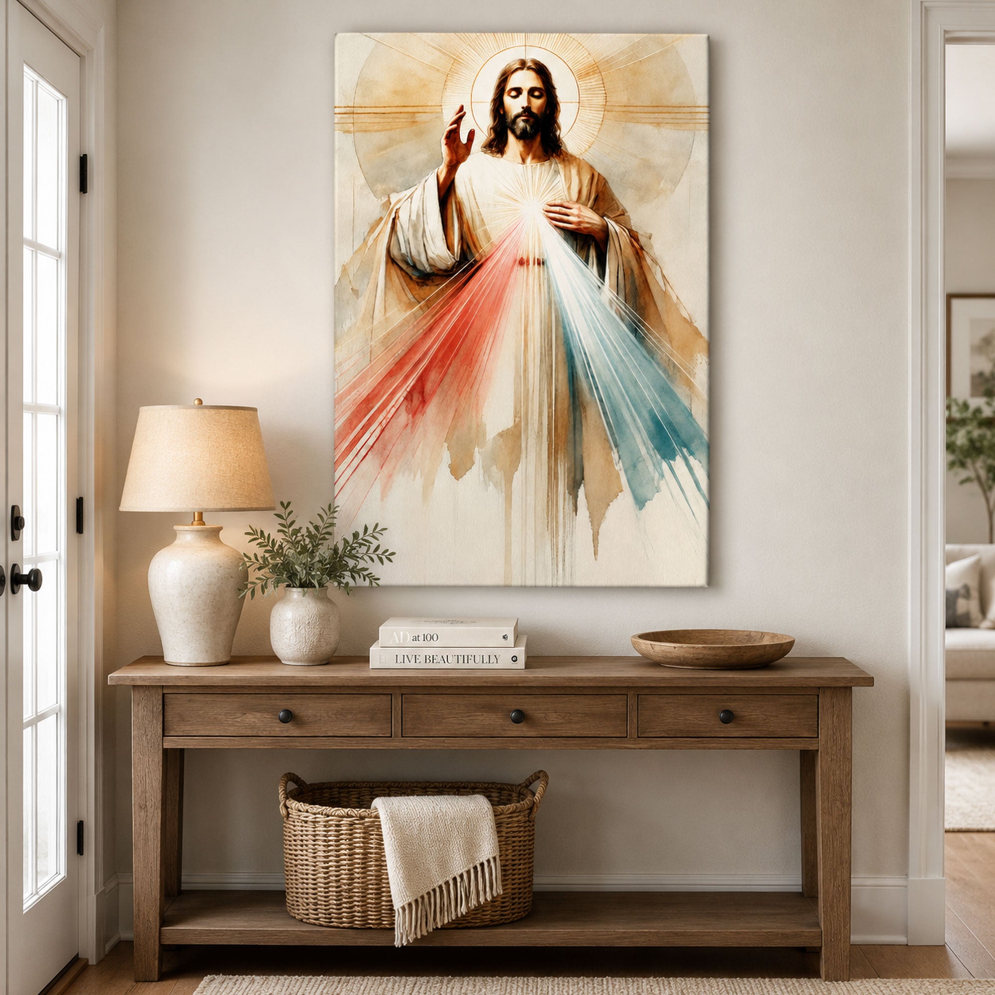 Divine Mercy of Jesus Watercolor Canvas Print, Sacred Heart Christian Catholic Wall Art, Inspirational Faith Decor