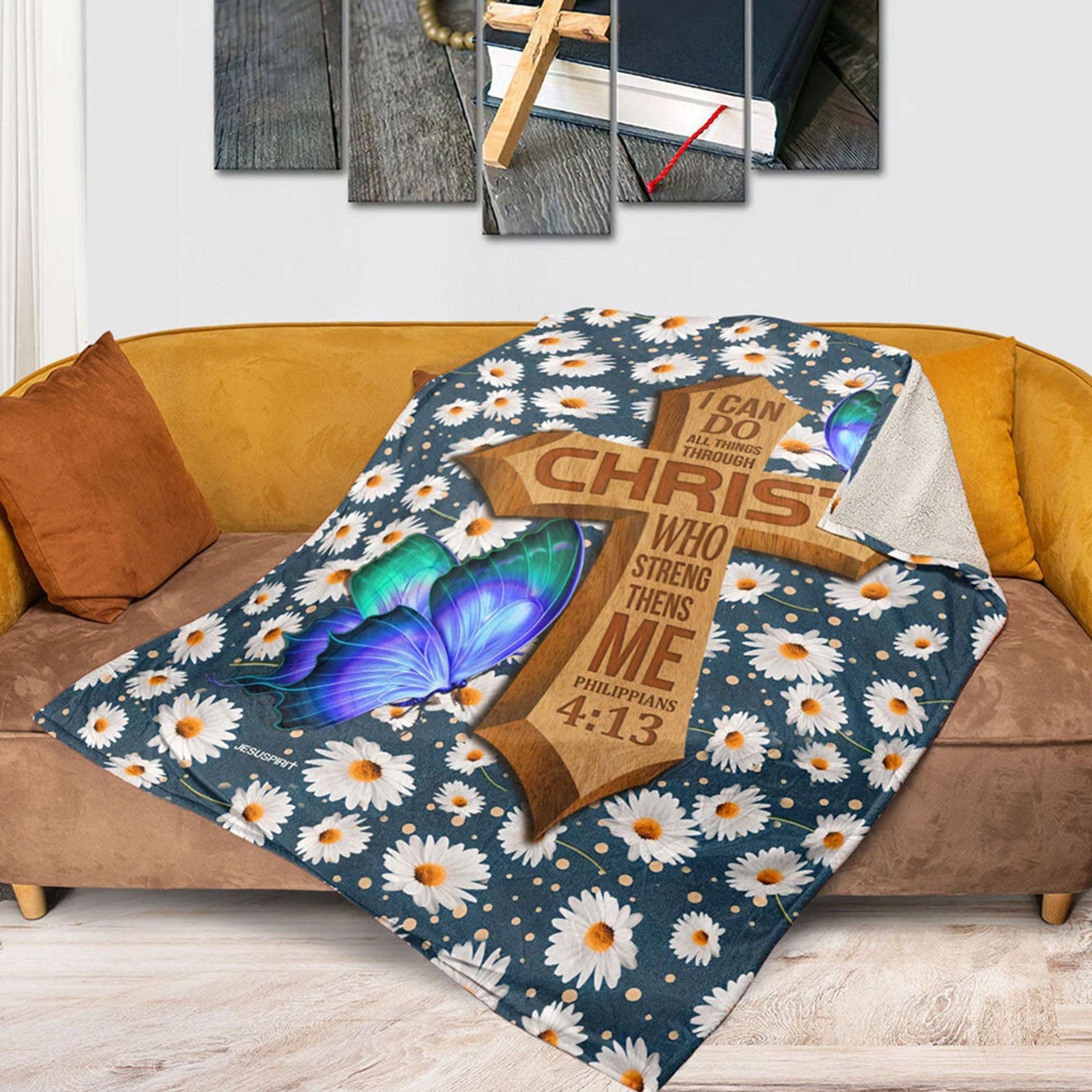 Daisy Fleece Blanket, I Can Do All Things Through Christ Philippians 4:13, Christian Faith Throw, Inspirational Gift, Religious Decor