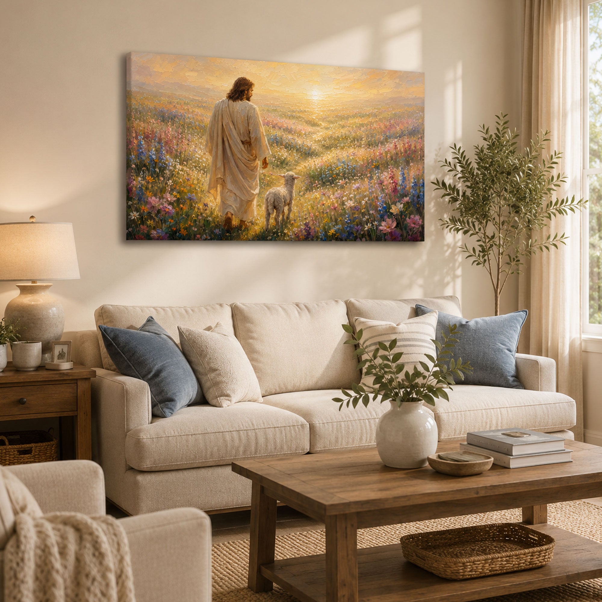 Jesus and Lamb in Wildflower Field Canvas Print, Christian Home Decor