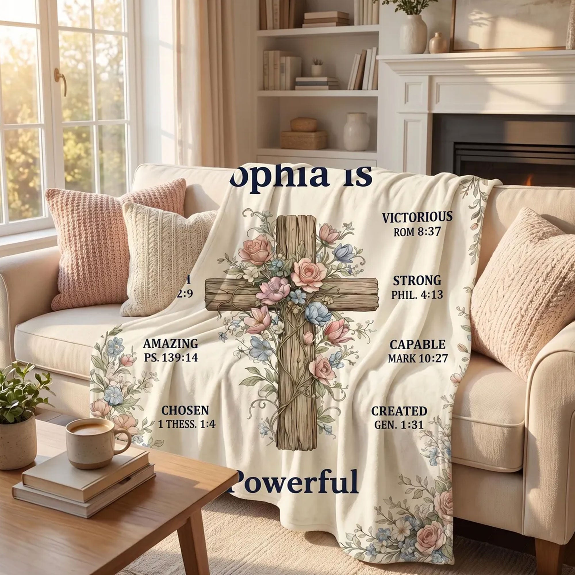 Personalized Christian Blanket, Custom Bible Verse Throw, Cross Floral Blanket, Inspirational Gift for Friends, Faith Home Decor