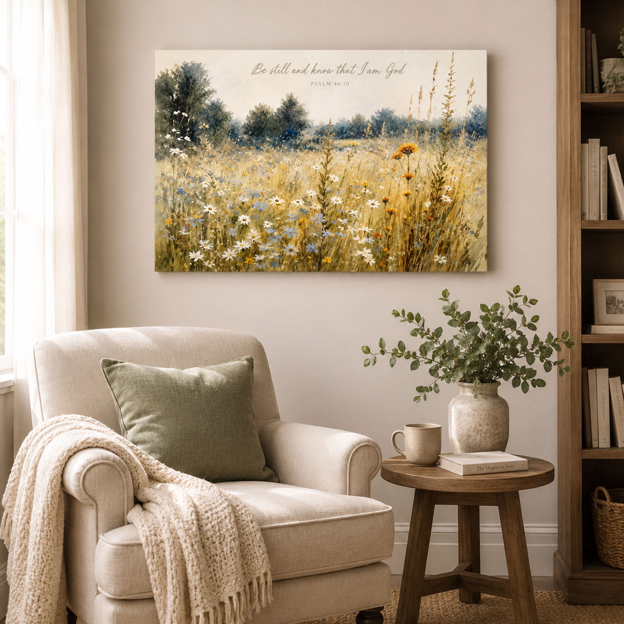 Be Still Psalm 46:10 Canvas Print, Wildflower Christian Scripture Wall Art, Peaceful Faith Home Decor