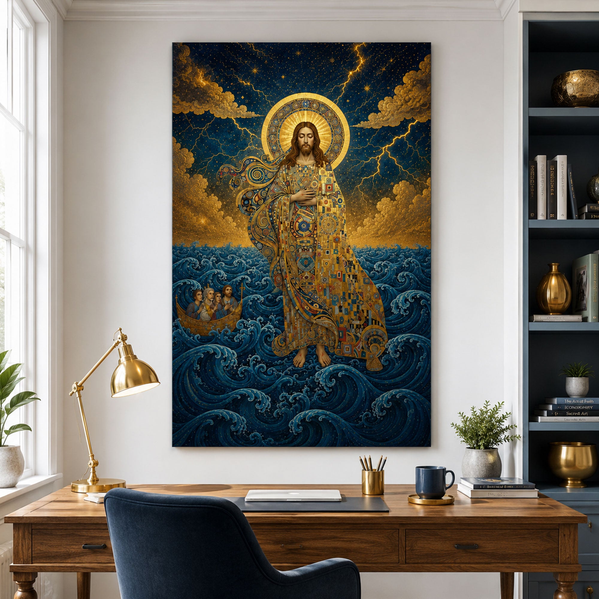 Jesus Walking on the Stormy Sea Canvas Print, Byzantine Mosaic Christian Wall Art, Faith Over Fear Religious Home Decor