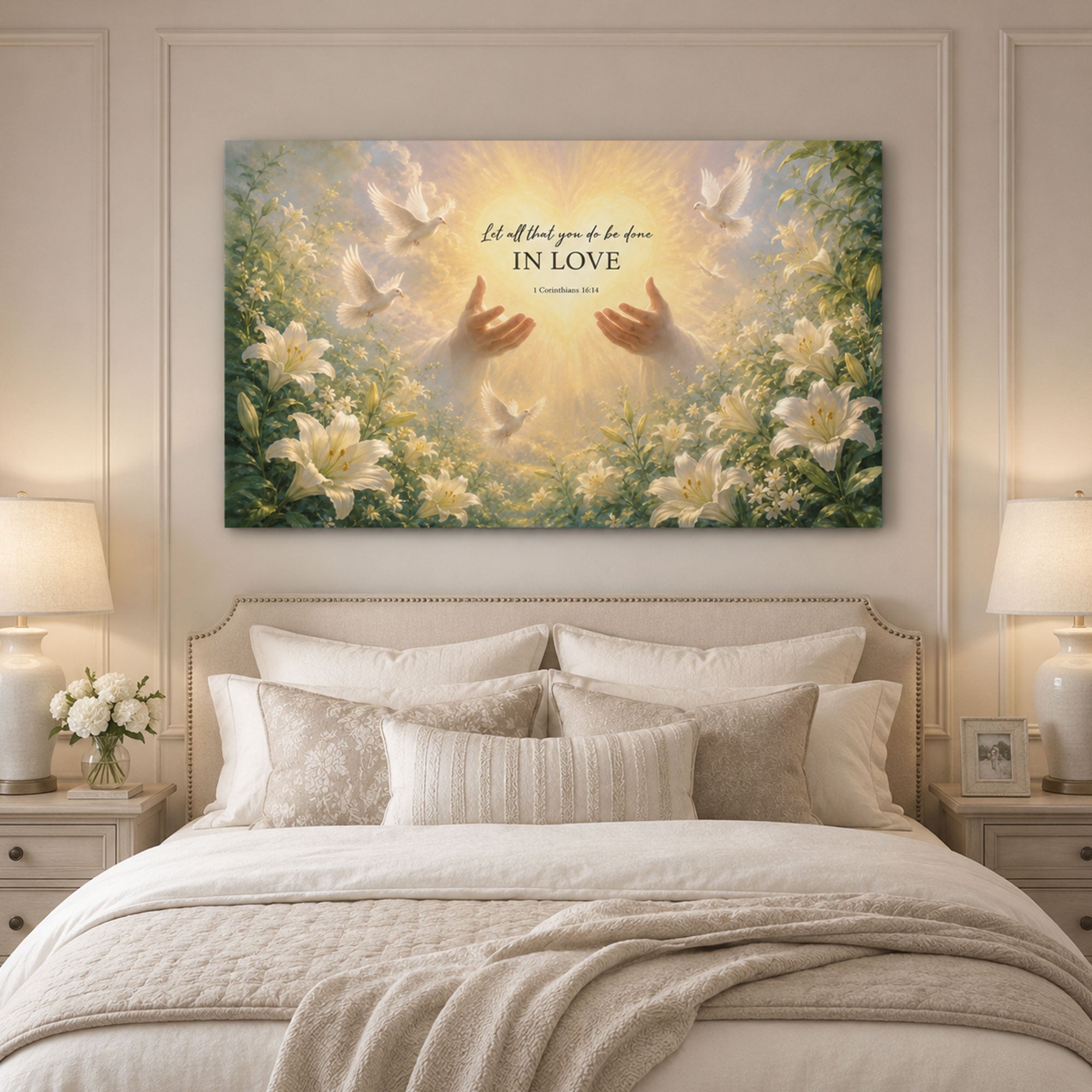 1 Corinthians 16:14 Canvas Print, Let All That You Do Be Done In Love Christian Wall Art, Dove and Lily Faith Decor