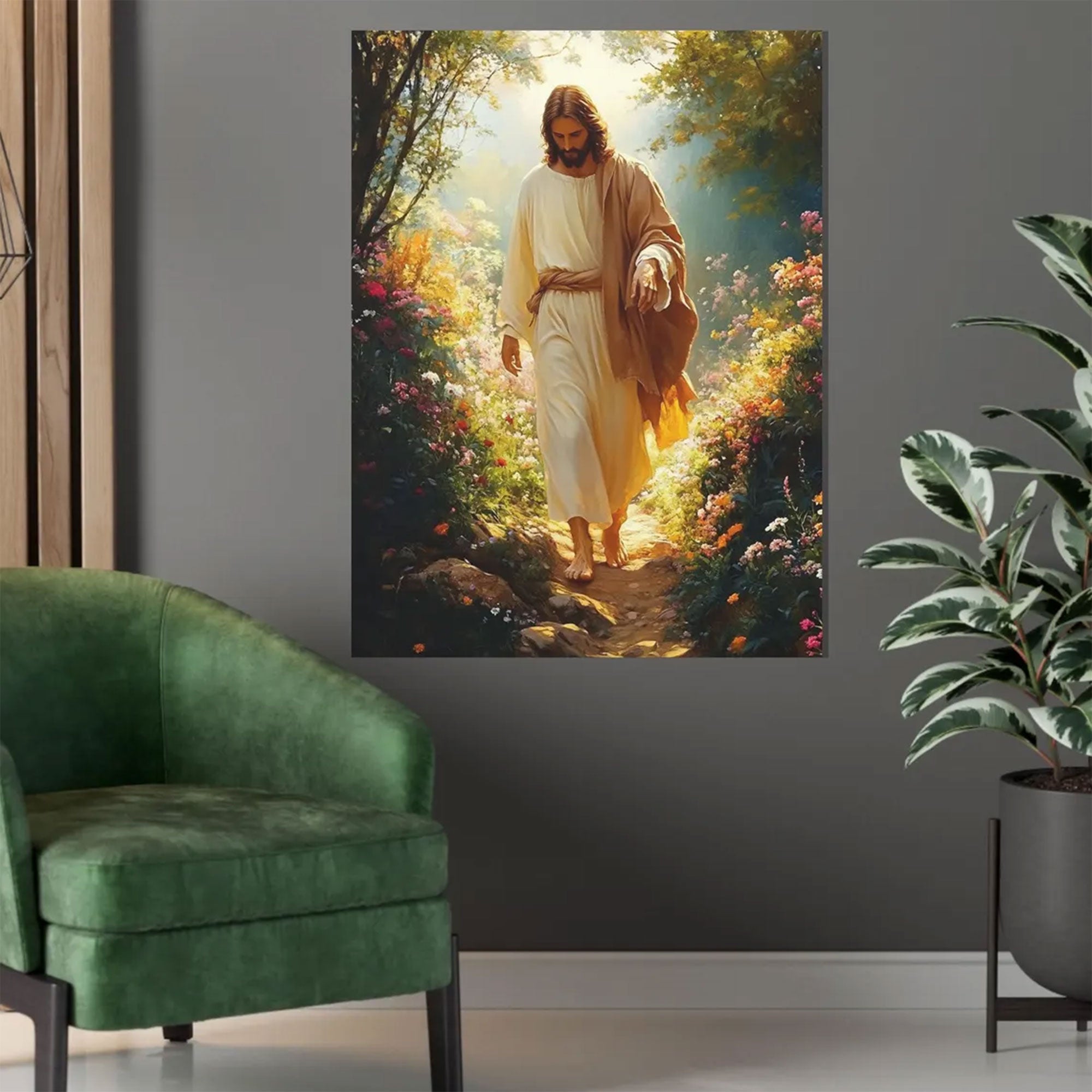 Jesus Walking in Garden Canvas Print, Christian Wall Art, Religious Home Decor