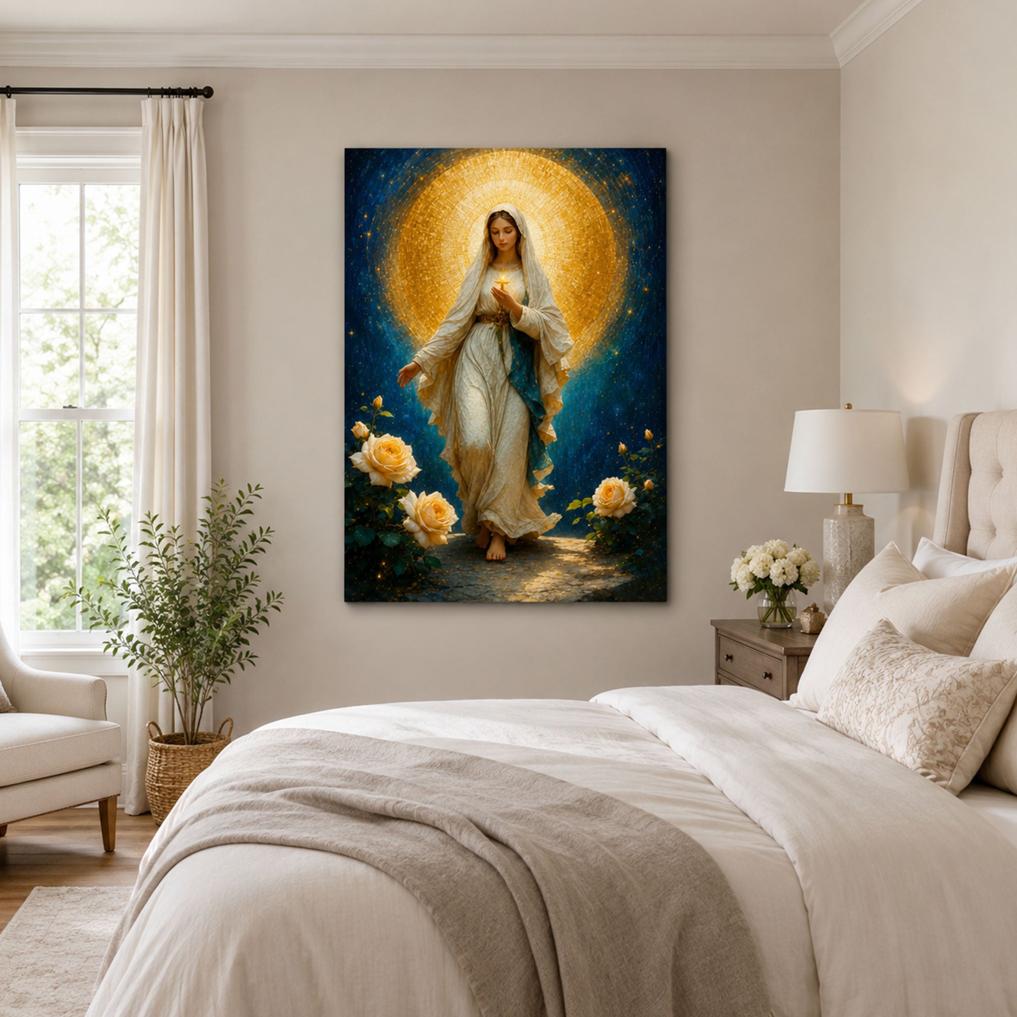 Blessed Virgin Mary Canvas Print, Blue and Gold Catholic Wall Art, Marian Faith Home Decor Gift