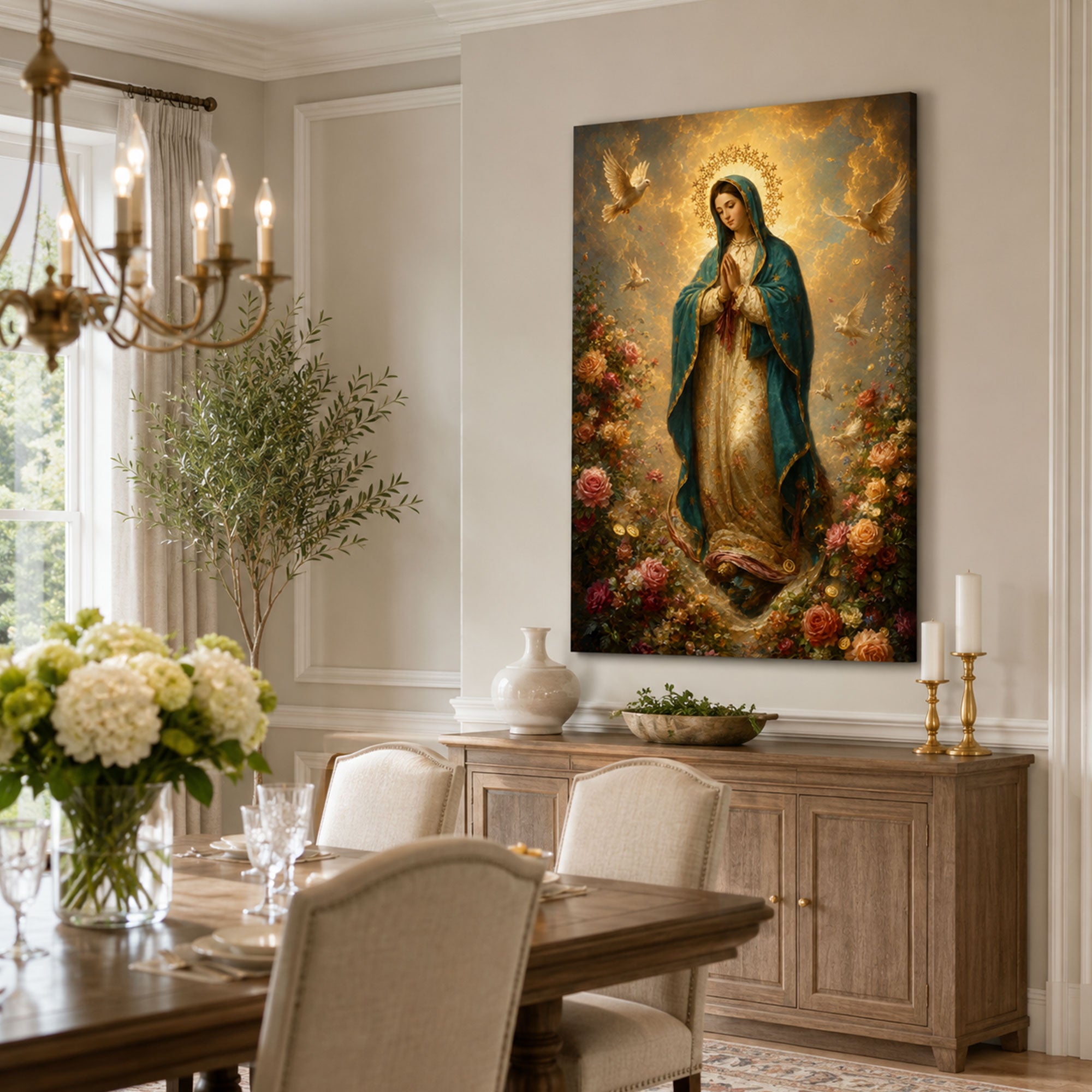 Virgin Mary with Roses and Doves Canvas Print, Catholic Home Decor