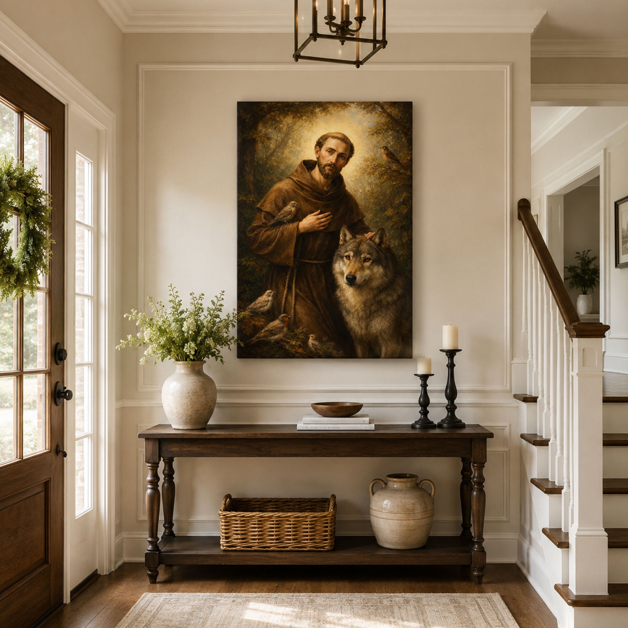 Saint Francis of Assisi Canvas Print, Wolf and Birds Catholic Wall Art, Christian Nature Home Decor Gift