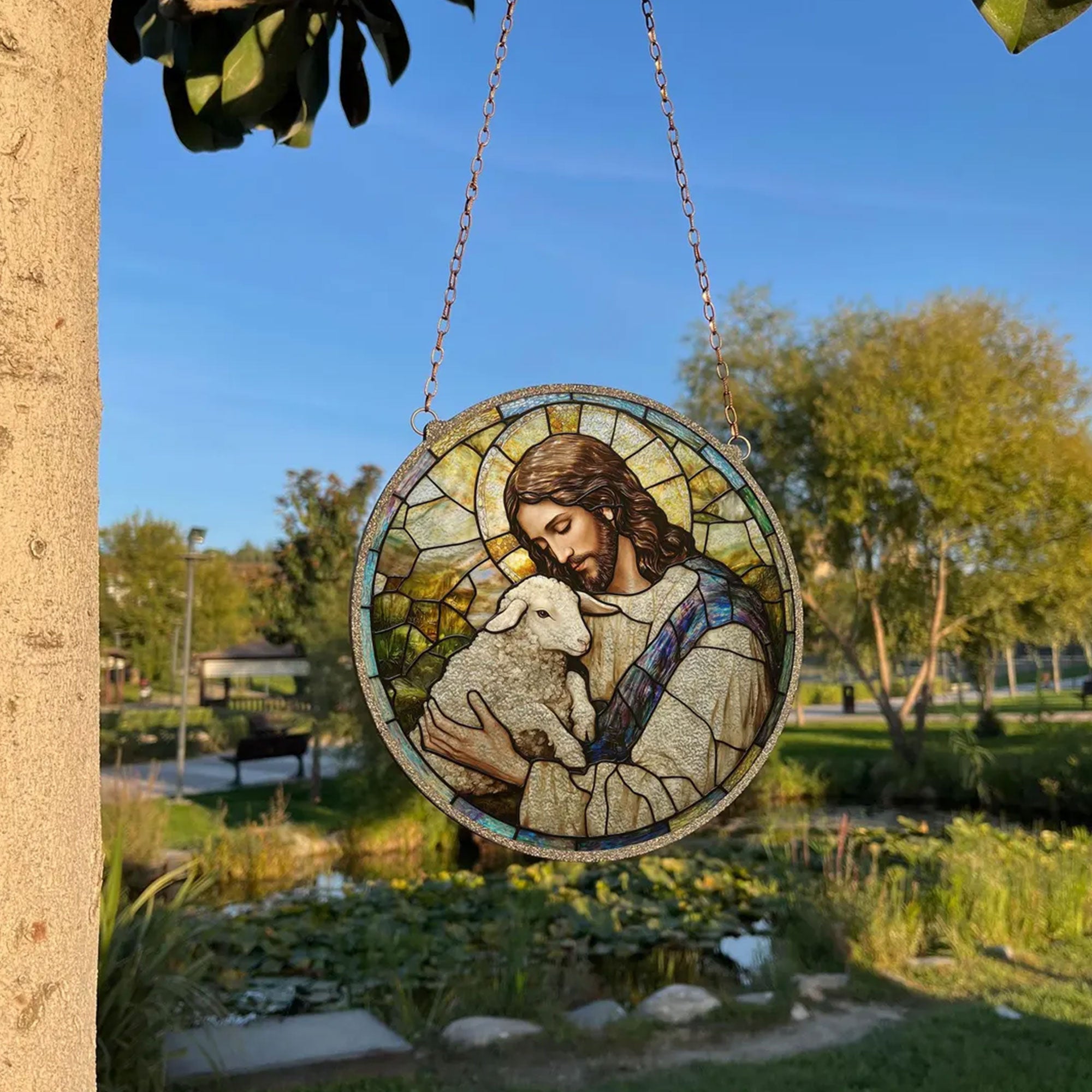 Jesus Holding Lamb Stained Glass Suncatcher, Christian Window Hanging Decor, Faith Wall Art, Religious Home Ornament