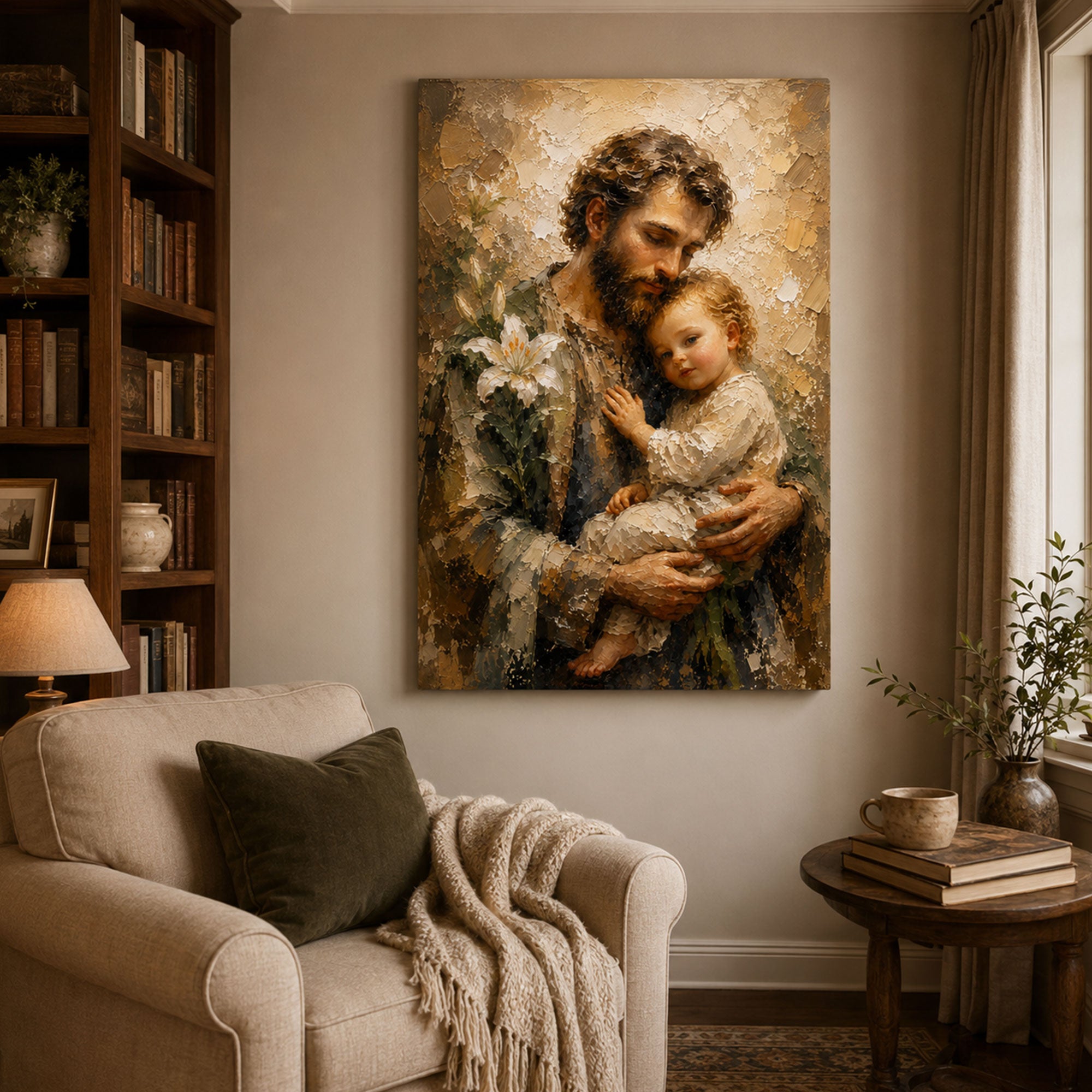 St. Joseph and Child Jesus Canvas Print, Saint Joseph with Lily Catholic Wall Art, Christian Family Home Decor