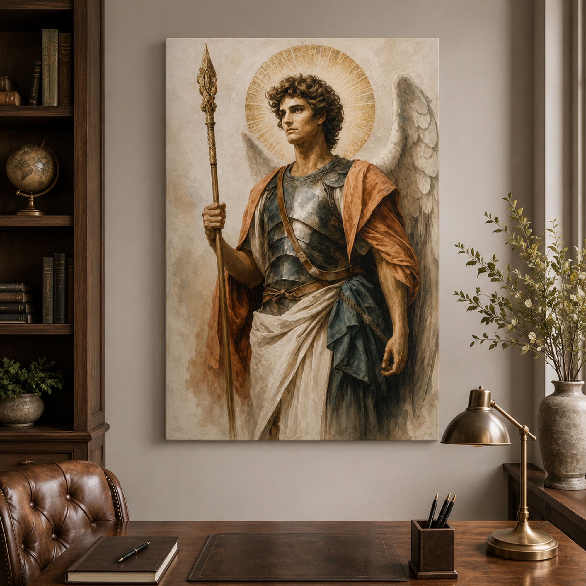 Archangel Michael with Spear Canvas Print, Catholic Guardian Angel Wall Art, Faith Home Decor