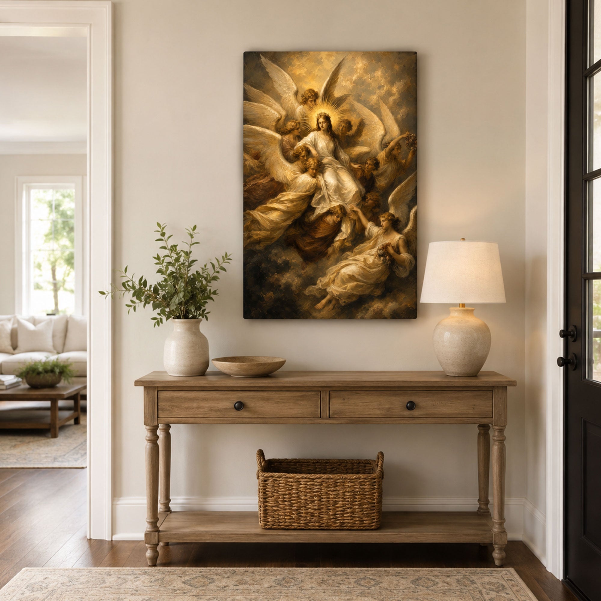 Virgin Mary Surrounded by Angels Canvas Print, Catholic Home Decor