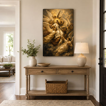 Virgin Mary Surrounded by Angels Canvas Print, Catholic Home Decor