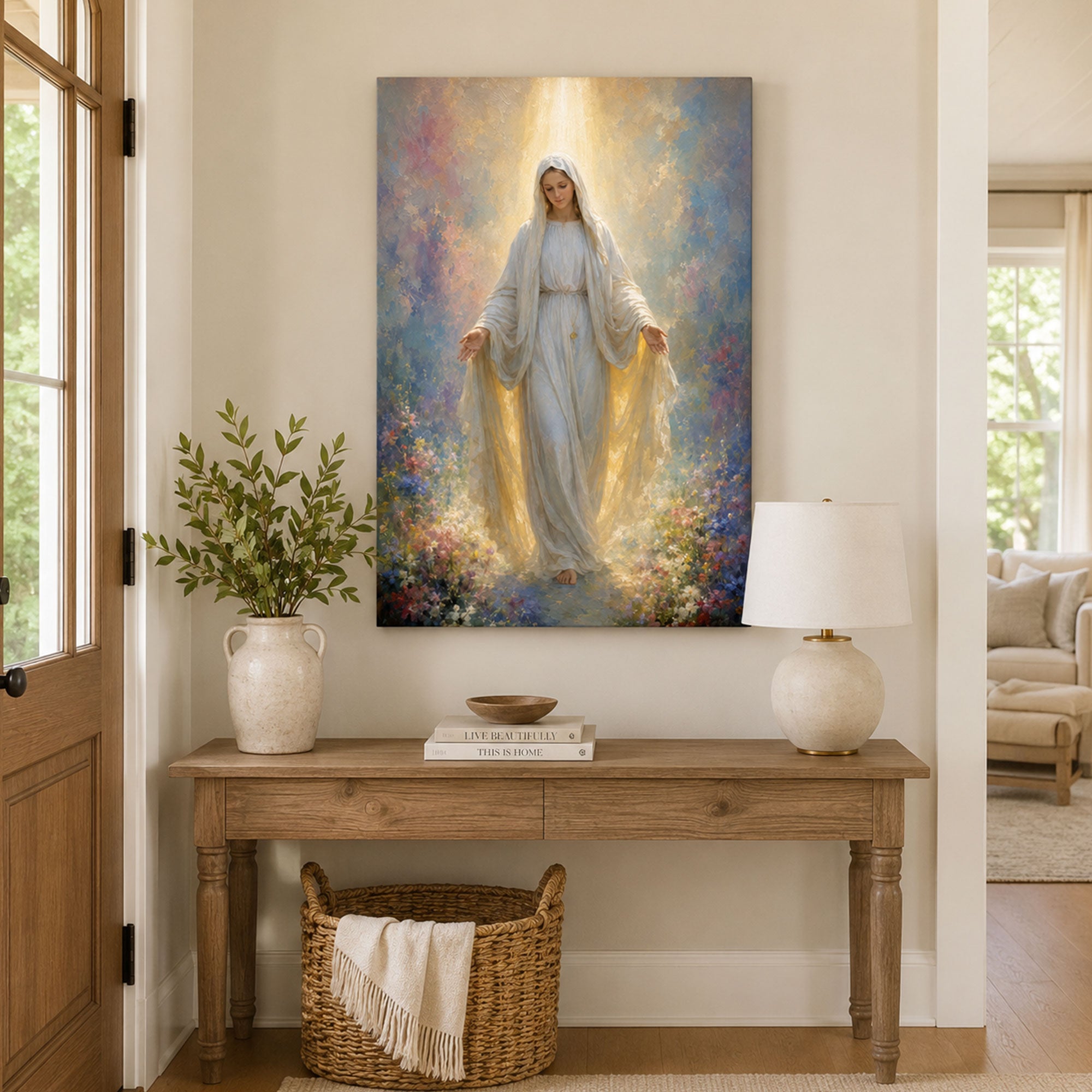 Virgin Mary in Heavenly Light Canvas Print, Catholic Home Decor