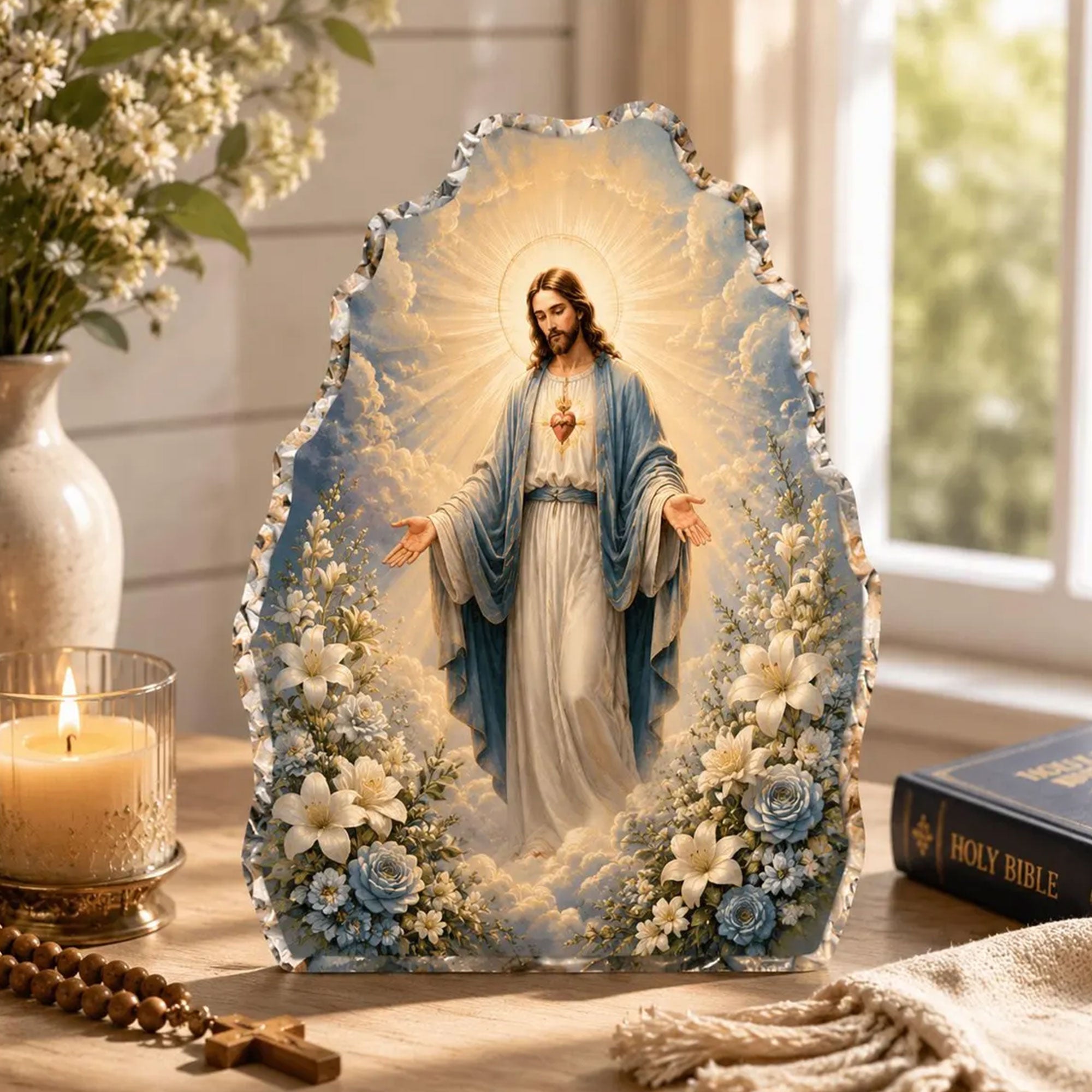 Sacred Heart of Jesus Acrylic Desk Plaque, Floral Catholic Christian Decor, Religious Faith Gift