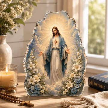 Sacred Heart of Jesus Acrylic Desk Plaque, Floral Catholic Christian Decor, Religious Faith Gift