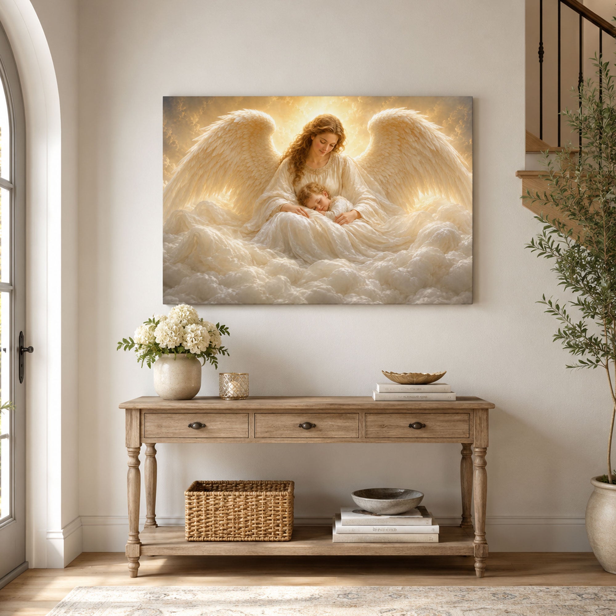 Guardian Angel with Sleeping Child Canvas Print, Heavenly Christian Nursery Wall Art, Baptism Gift