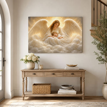 Guardian Angel with Sleeping Child Canvas Print, Heavenly Christian Nursery Wall Art, Baptism Gift