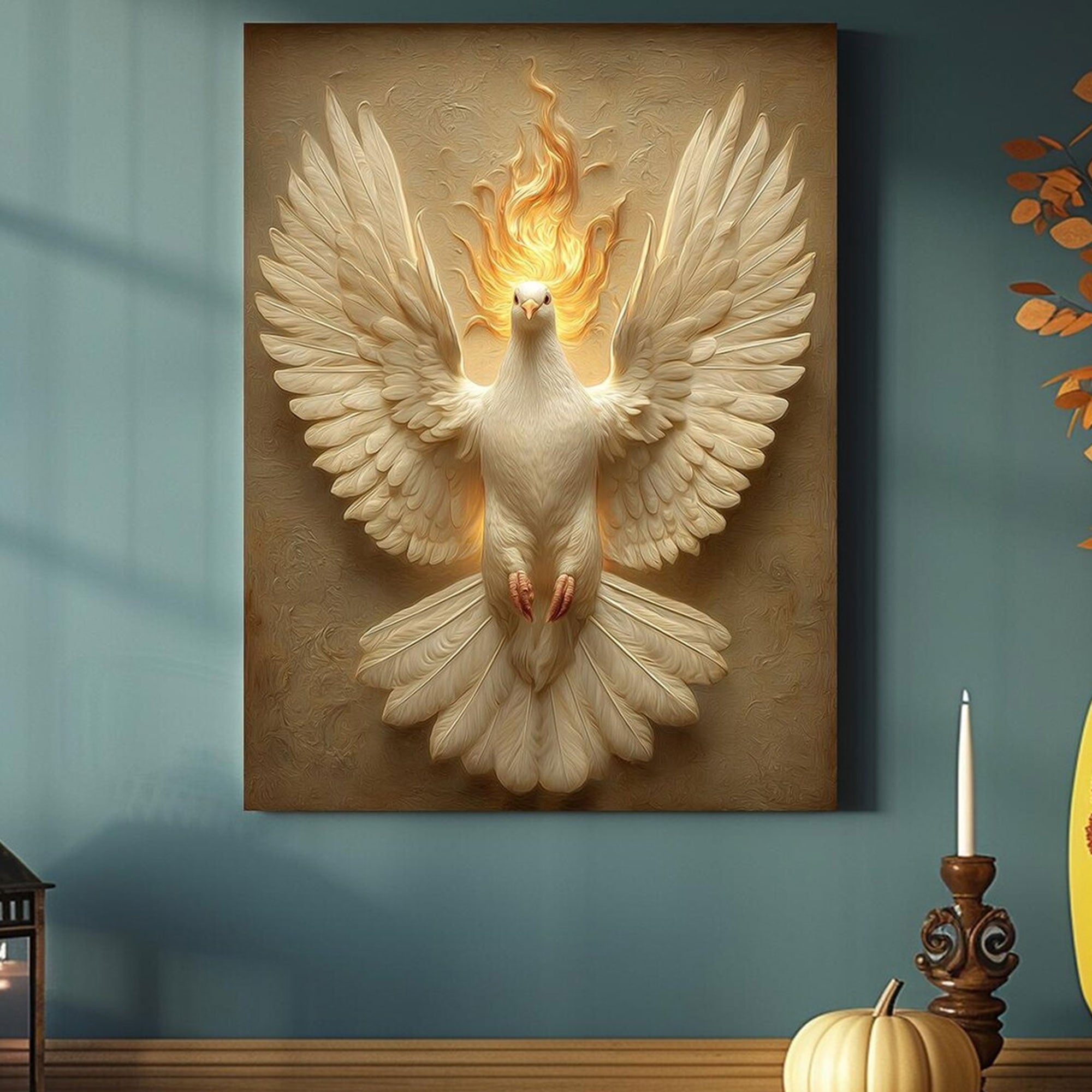 Holy Spirit Dove Canvas Print, Pentecost Fire Christian Wall Art, Symbol of Divine Presence and Power, Religious Faith Decor, Inspirational Spiritual Gift