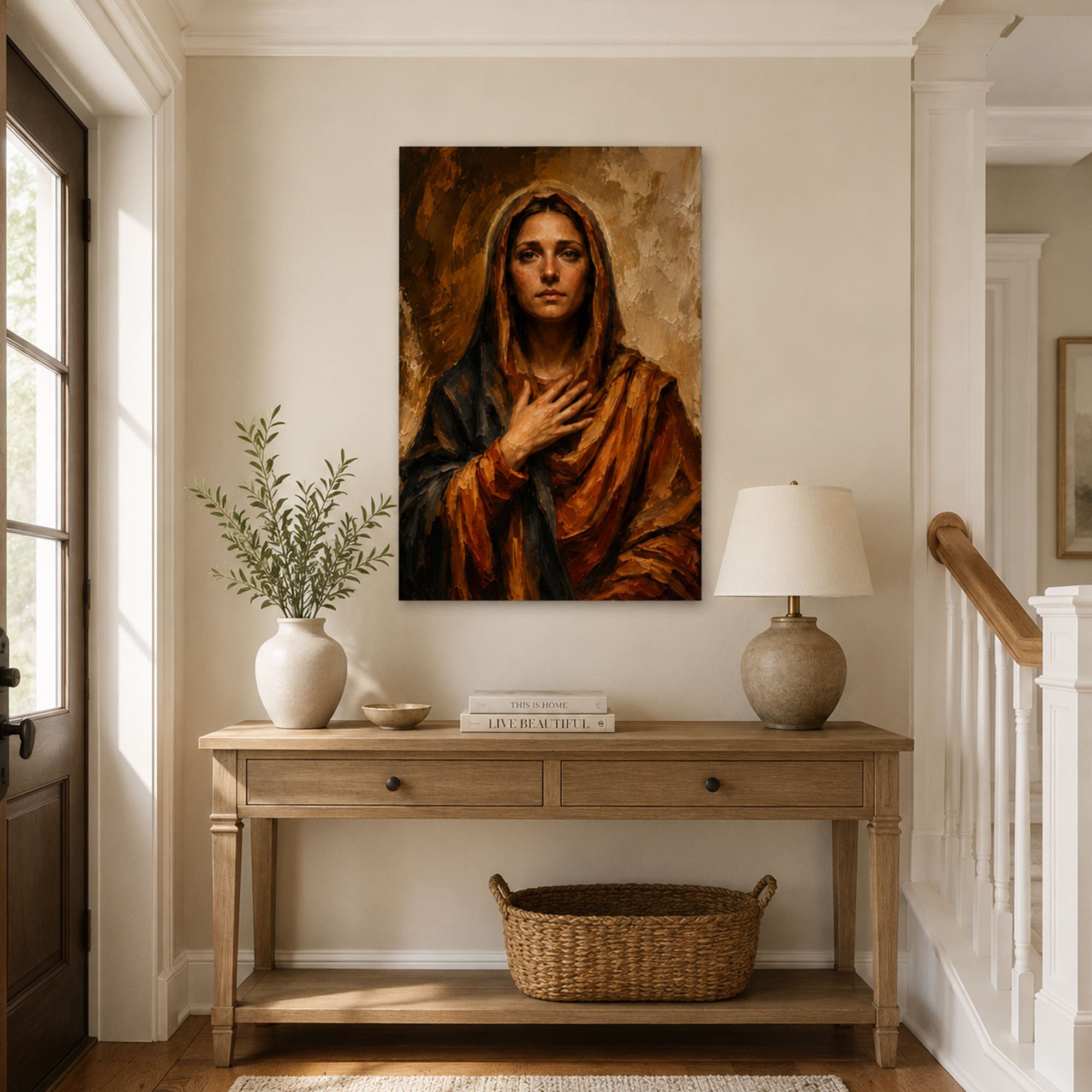 Our Lady of Sorrows Canvas Print, Sorrowful Virgin Mary Catholic Wall Art, Warm Devotional Home Decor Gift