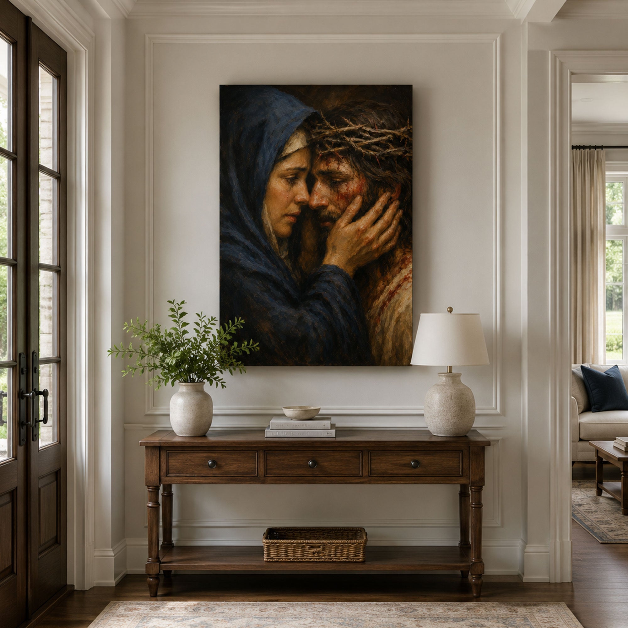 Sorrowful Mother and Jesus Canvas Print, Crown of Thorns Catholic Wall Art, Passion of Christ Home Decor Gift
