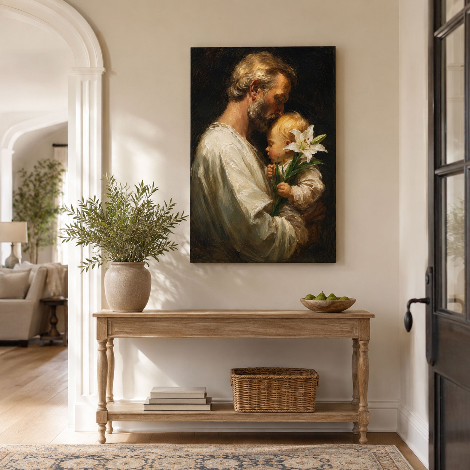 Saint Joseph with Child Jesus Canvas Print, Gentle Catholic Faith Decor