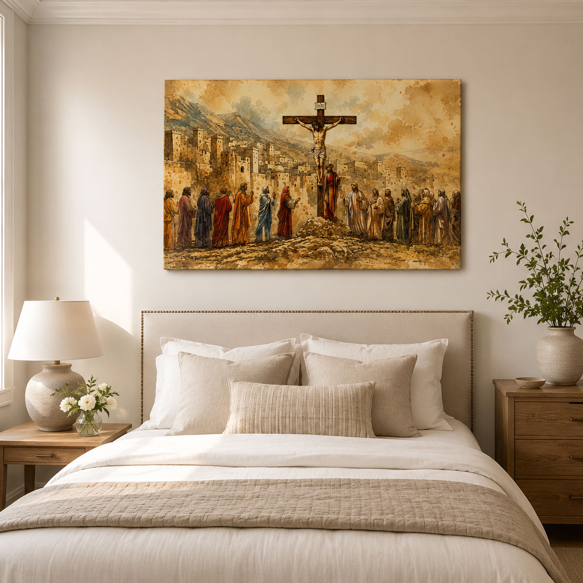 Crucifixion of Jesus Canvas Print, Calvary Scene Catholic Wall Art, Passion of Christ Christian Home Decor