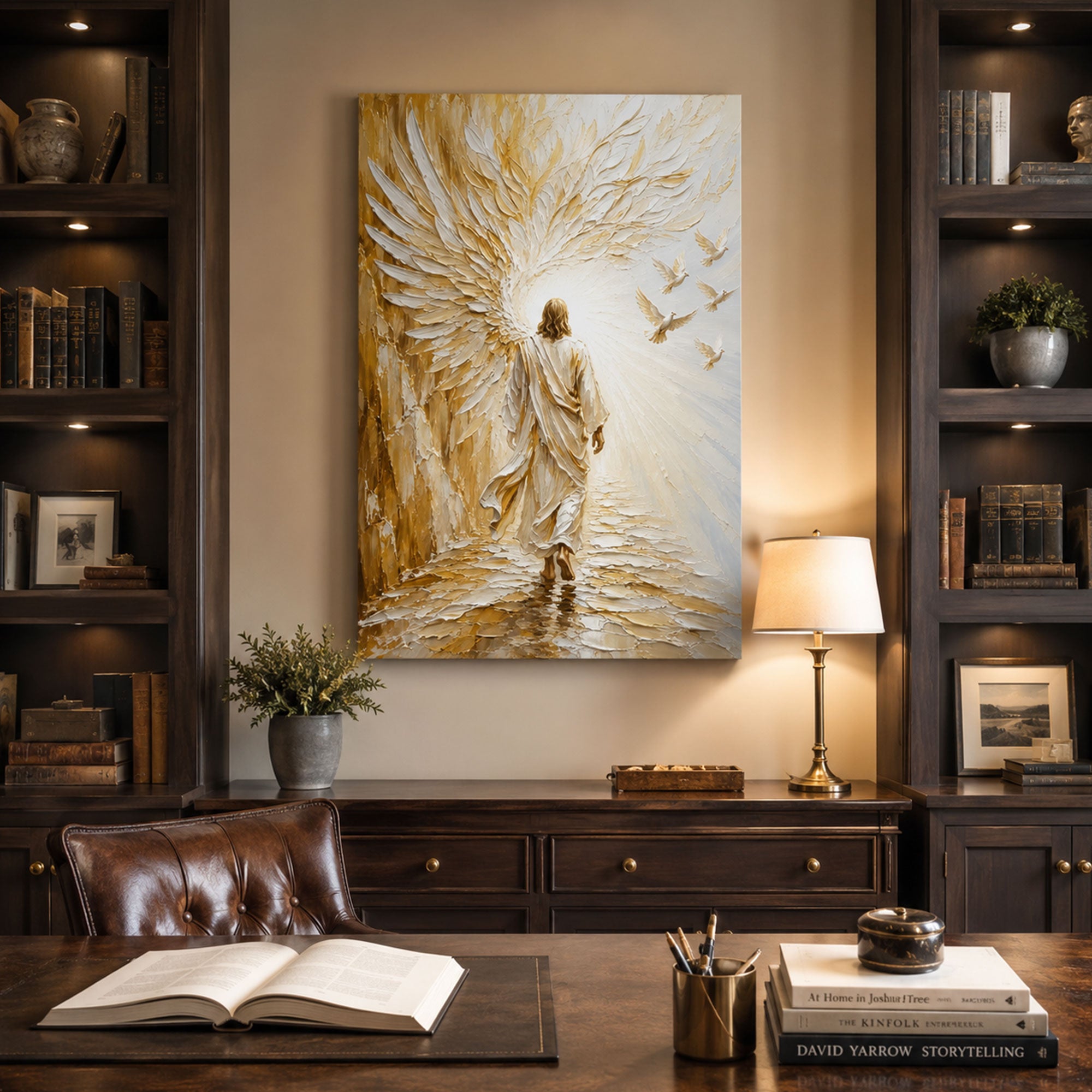 Jesus Walking into Heaven Canvas Print, White Gold Christian Wall Art, Faith Home Decor Gift