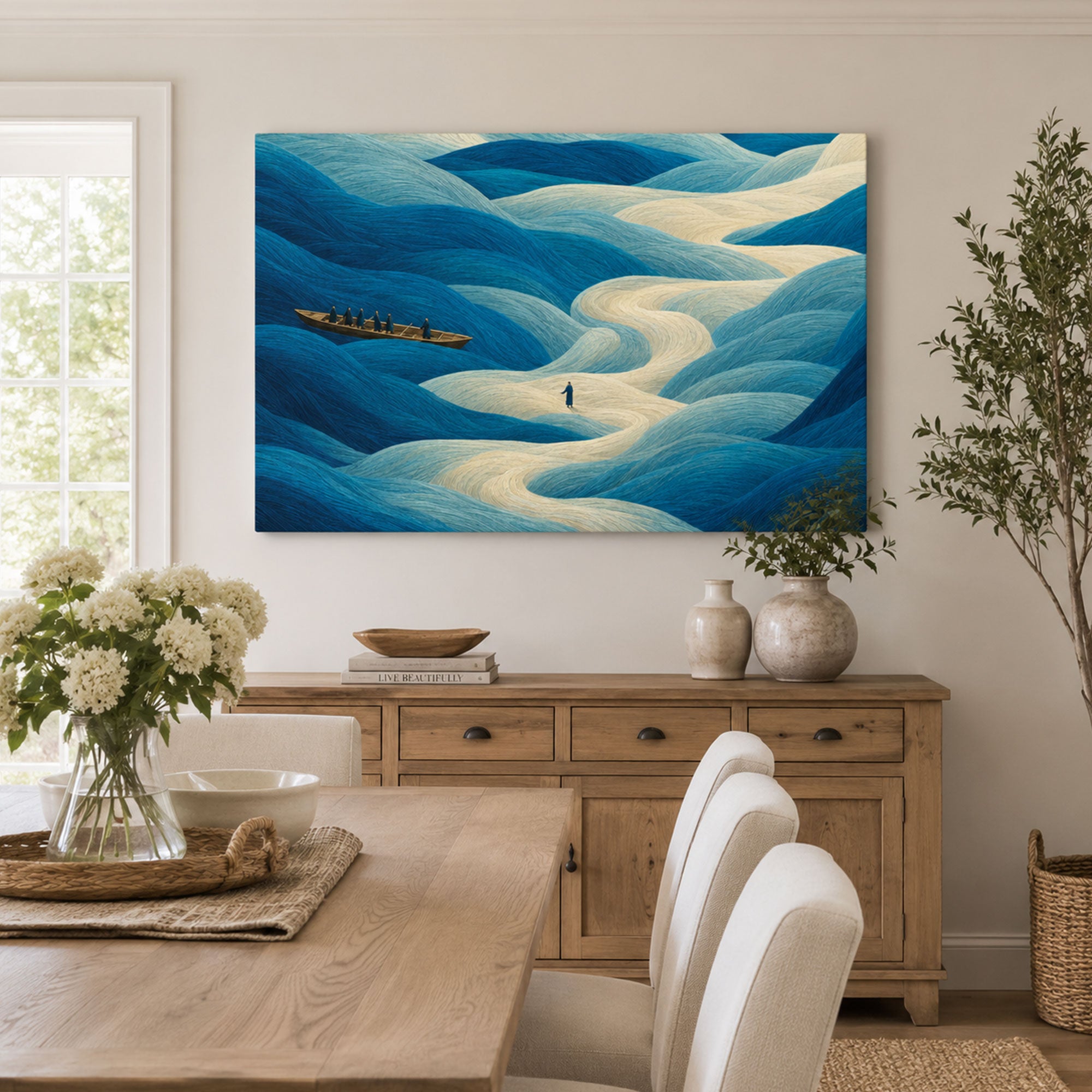 Jesus Walking on Water Abstract Canvas Print, Blue Christian Faith Decor