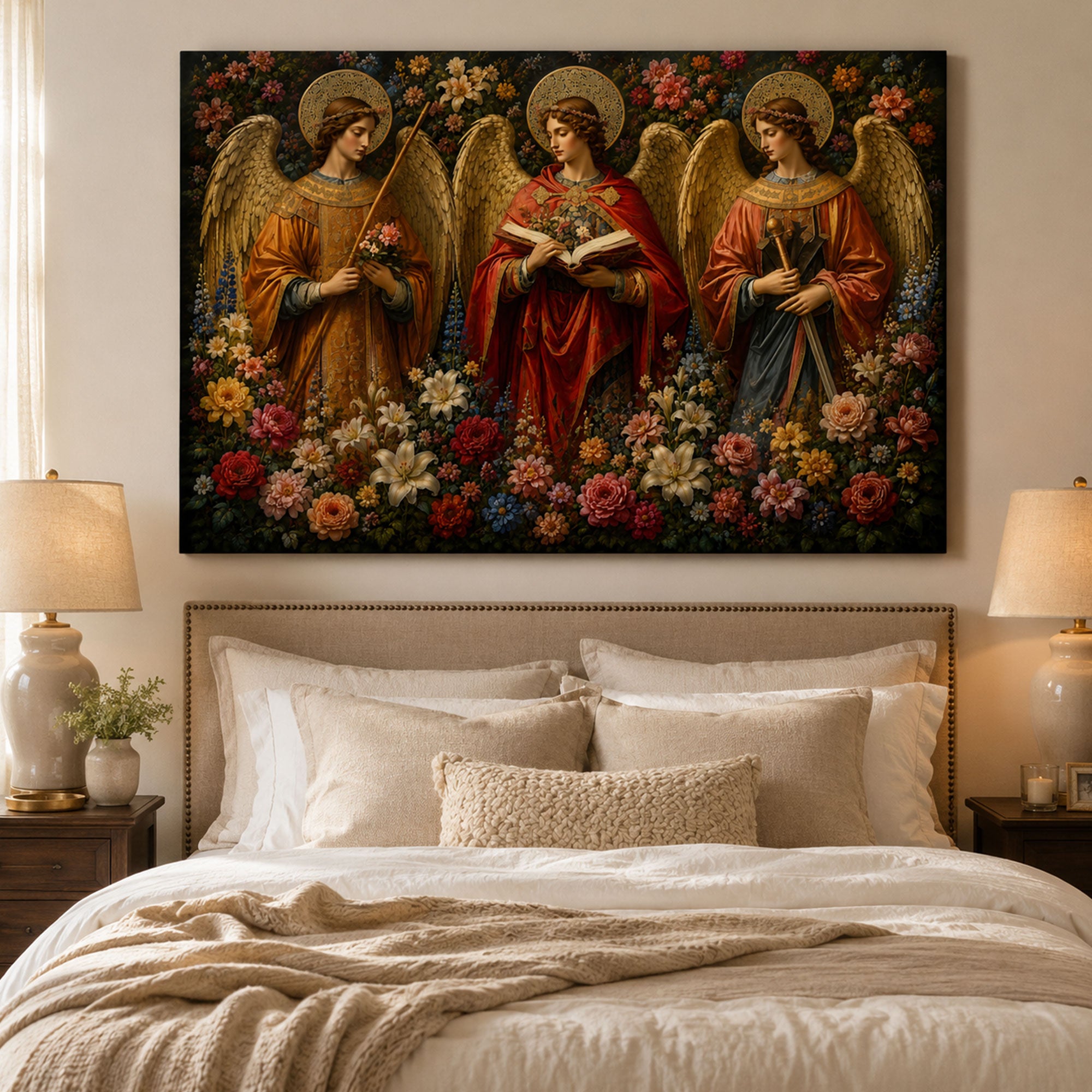 Three Angels Canvas Print, Catholic Angel Wall Art, Faith Home Decor Gift