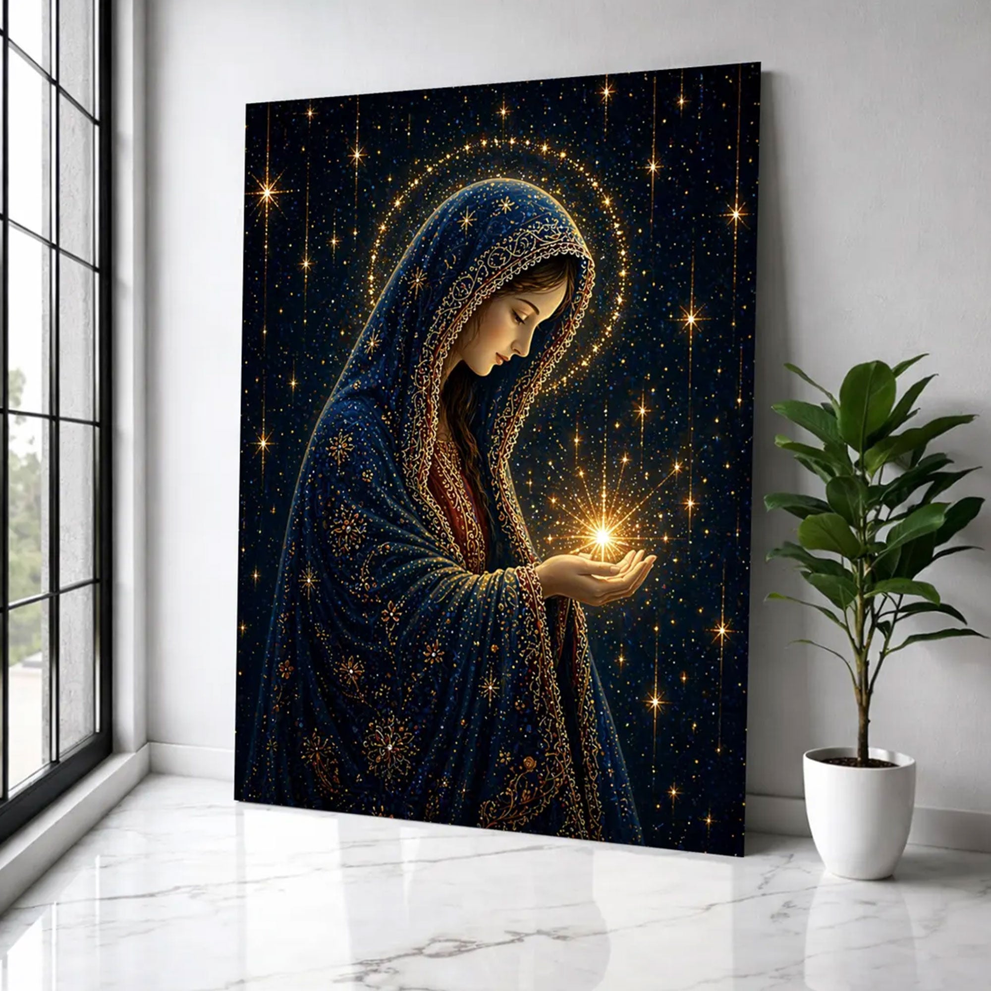 Virgin Mary Starry Night Canvas Print, Blessed Mother Under the Stars, Catholic Faith Decor, Serene Spiritual Artwork, Inspirational Gift