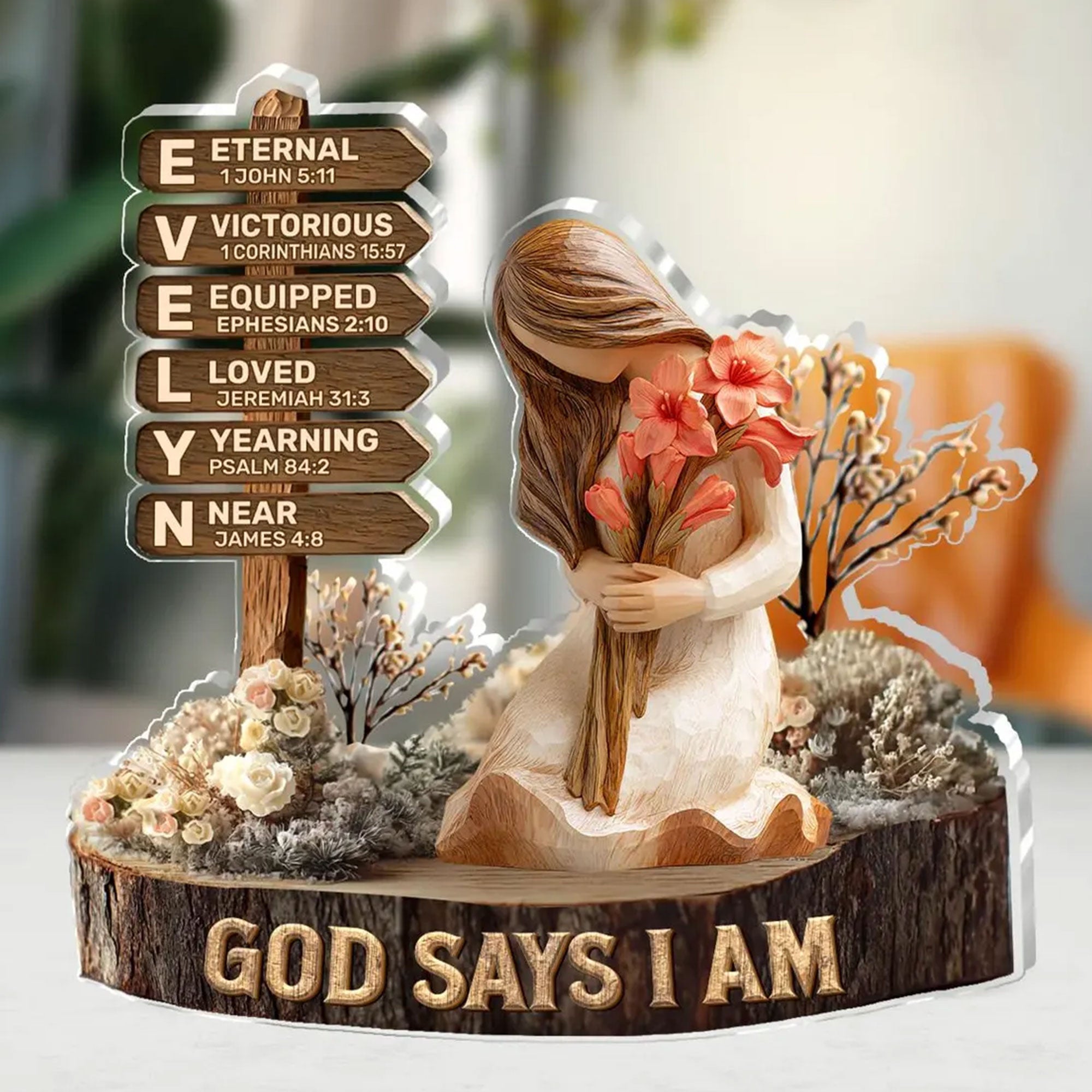 Personalized God Says I Am Acrylic Plaque for Evelyn, Christian Scripture Gift, 2D Flat Faith Table Decor