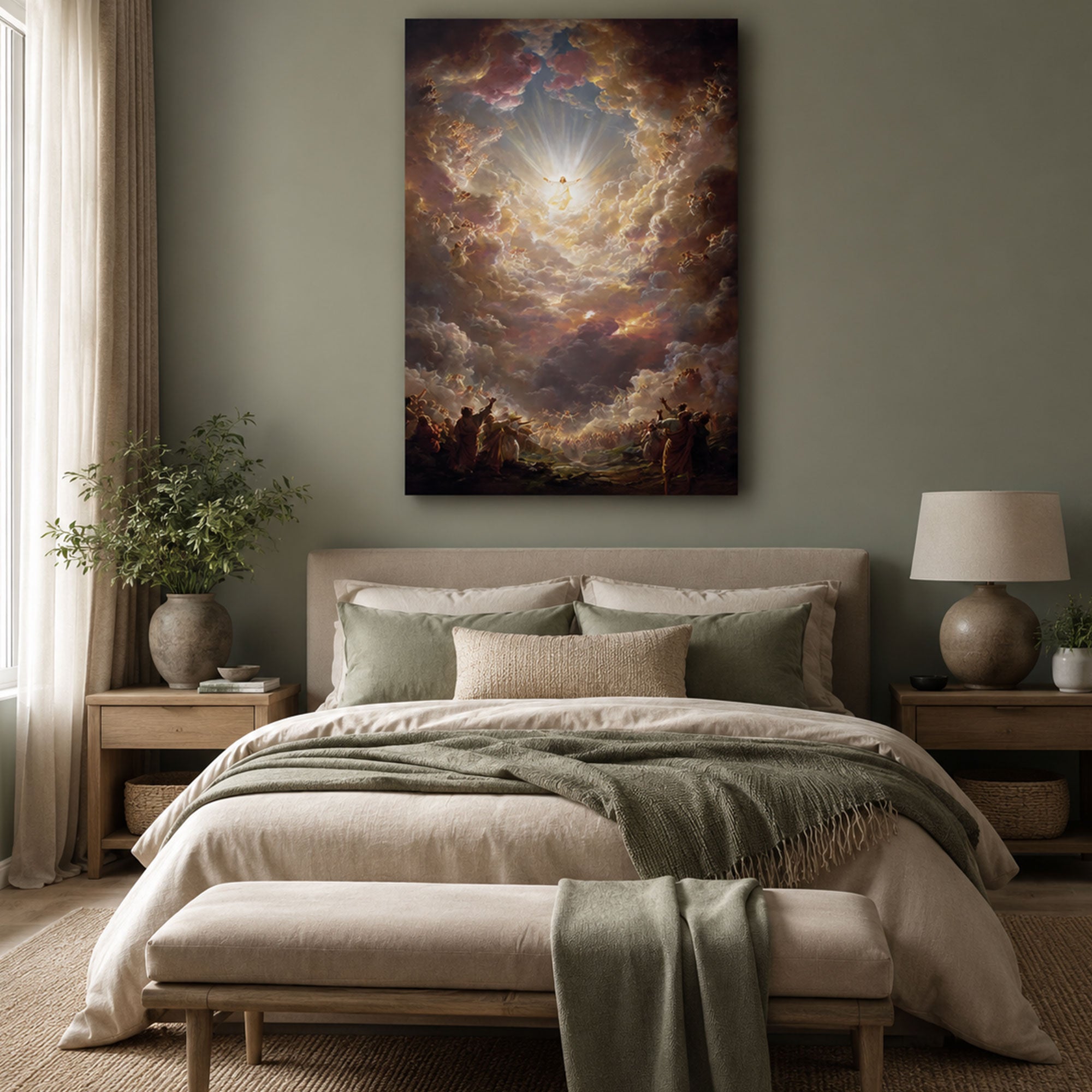 Heavenly Jesus Ascension Canvas Print, Christian Wall Decor, Spiritual Religious Artwork with Angels and Glorious Light