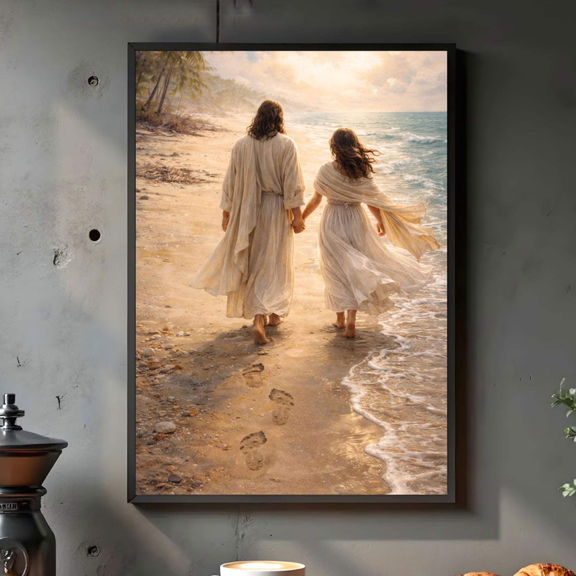 He Walks With Her Canvas Print, Jesus Christ Portrait, Faith Beach Scene Wall Art, Christian Decor Gift