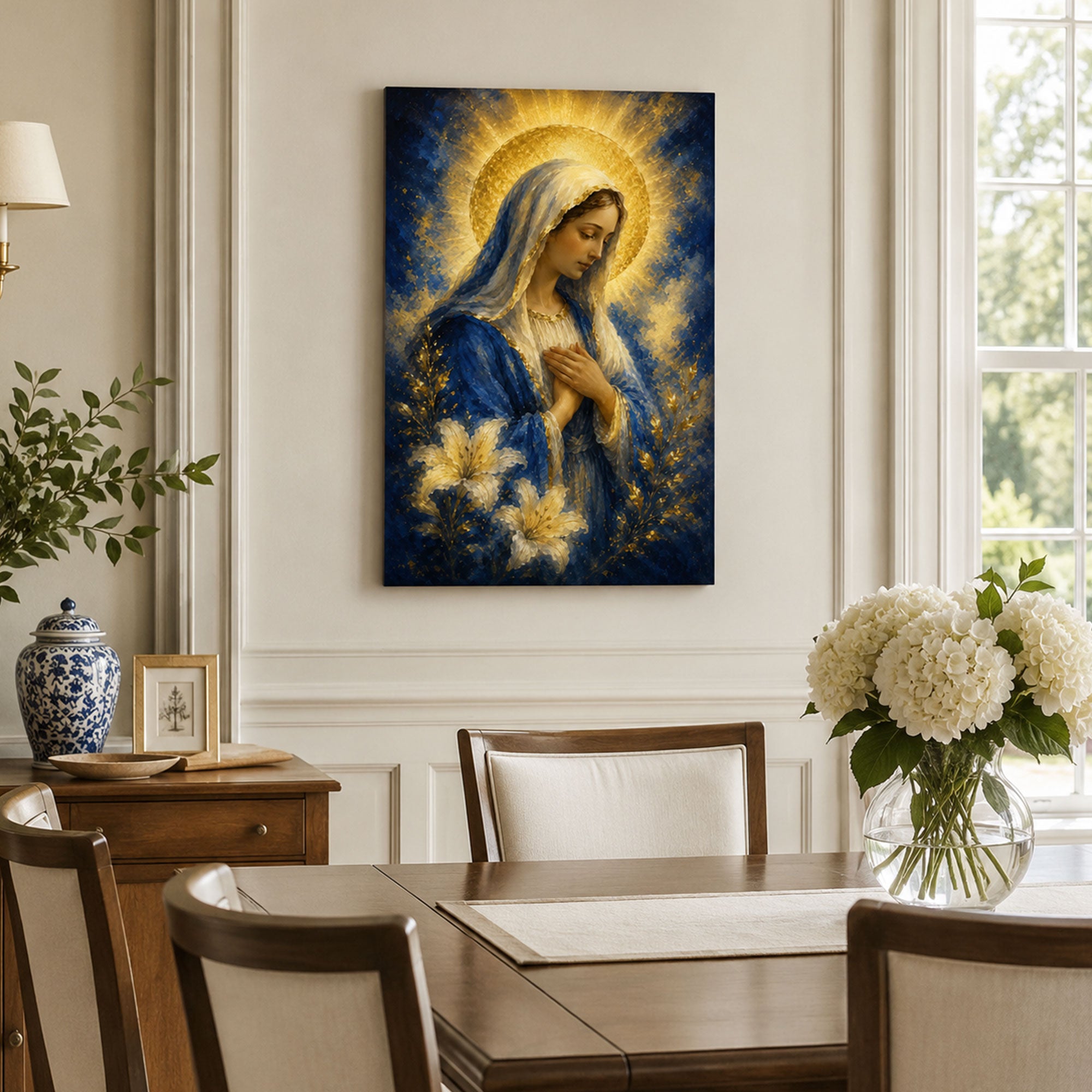 Blessed Virgin Mary with Lilies Canvas Print, Blue and Gold Catholic Marian Wall Art, Faith Home Decor Gift