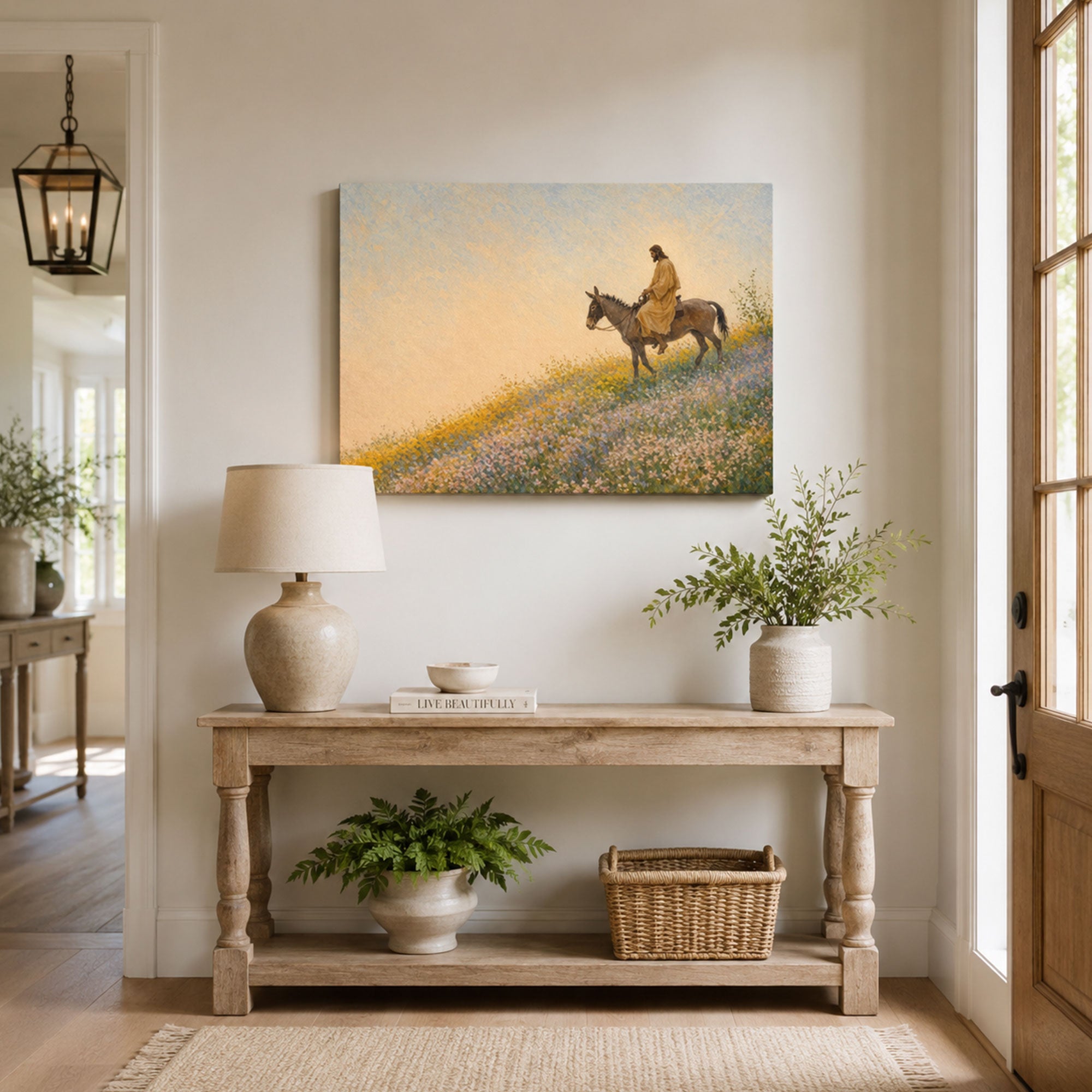 Jesus Riding a Donkey Through Wildflowers Canvas Print, Christian Faith Decor